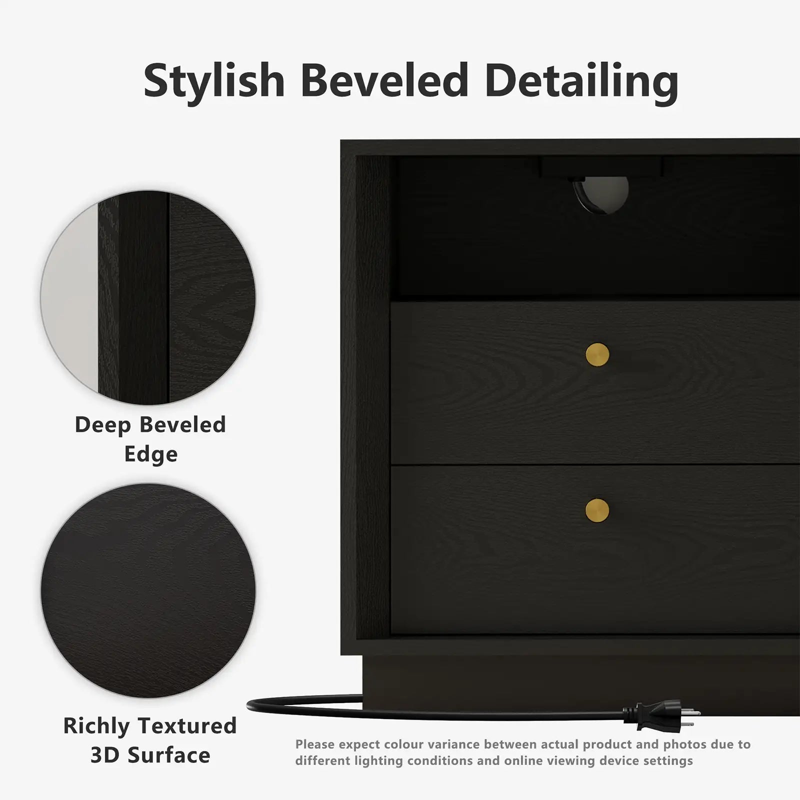 Mid-Century Modern Black Wood Nightstand with Beveled | Fortunetec