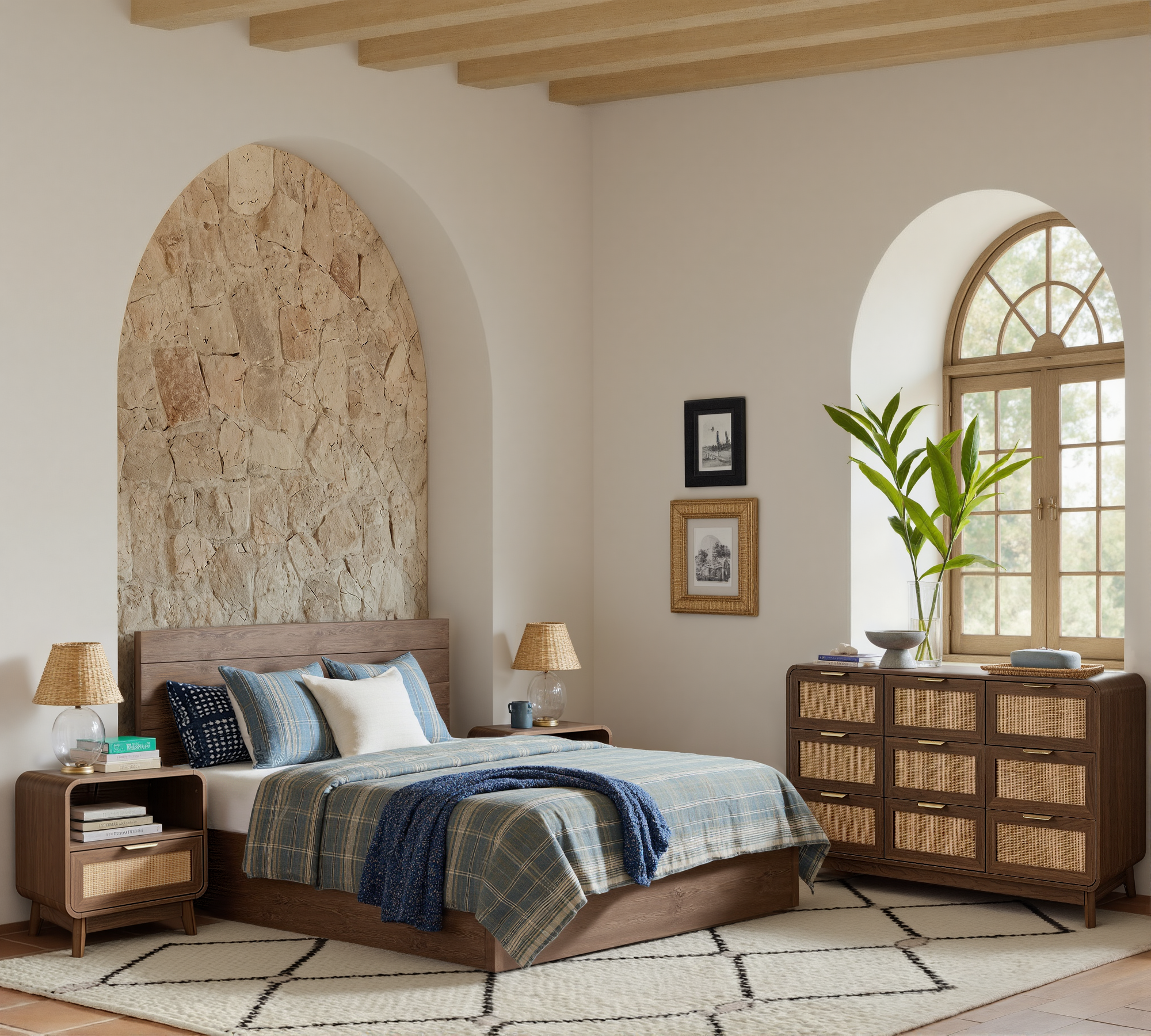 Kommode aus Nussbaum und Rattan mit 9 Schubladen – Kommode im Boho Chic