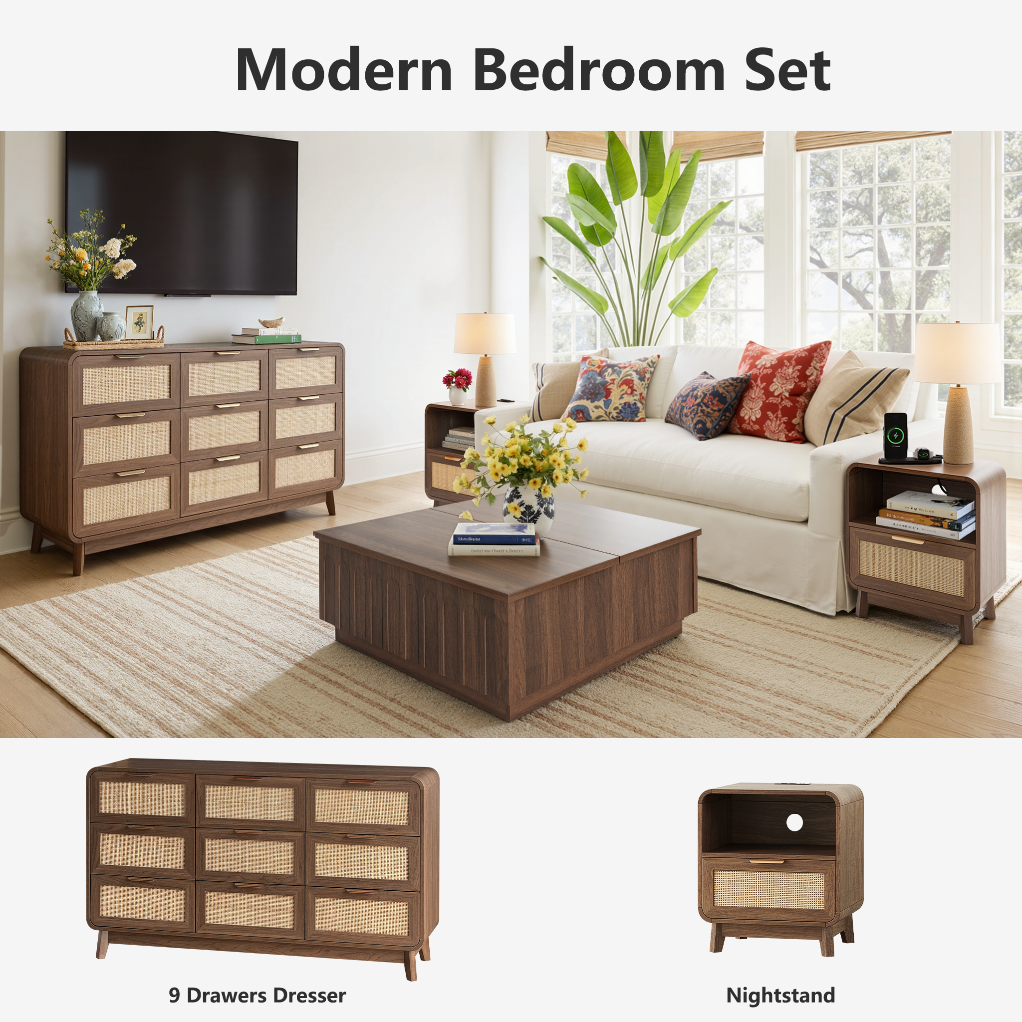 Walnuss-Rattan-Schlafzimmermöbel-Set, 3-teiliges Boho-Set mit Kommode mit 9 Schubladen und Nachttischen mit Ladestation
