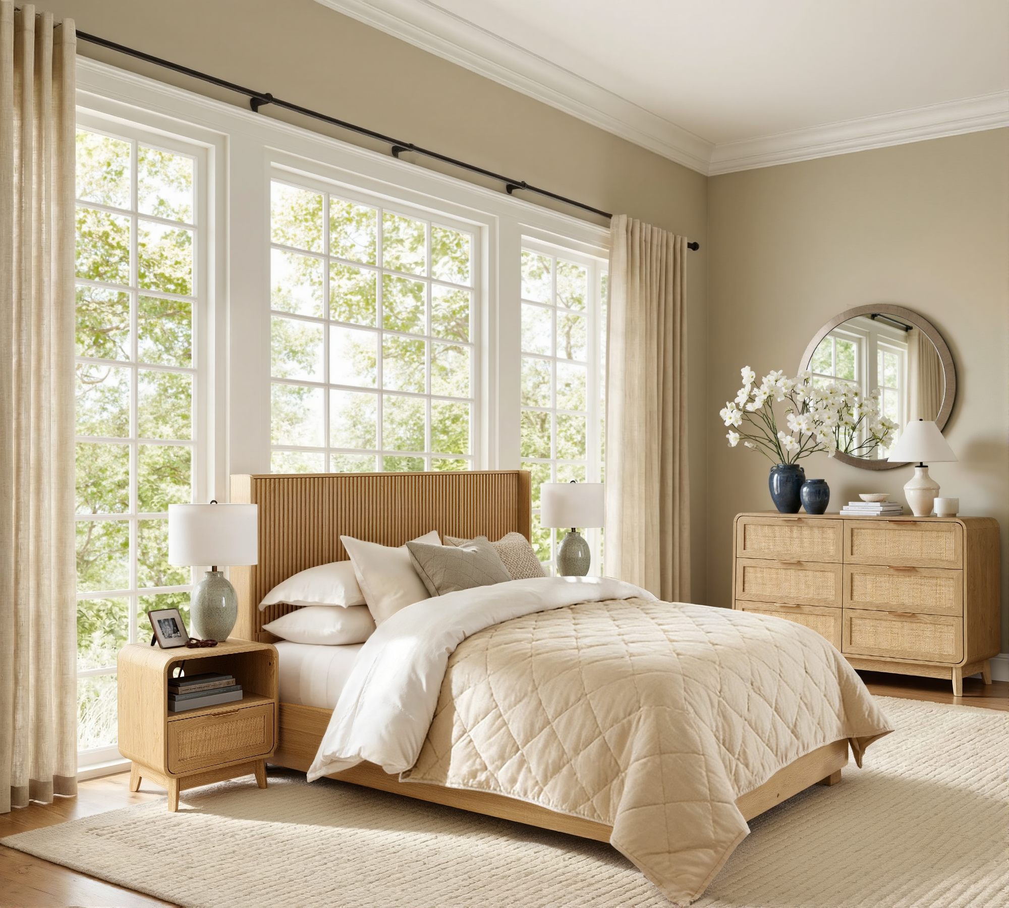 Eichen-Rattan-Kommode mit 6 Schubladen – Boho-Chic-Kommode
