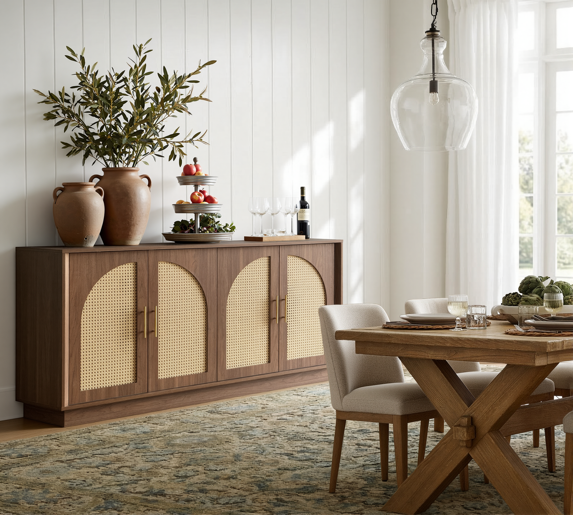 63" 4 Rattan Sideboard - Walnut Natural for Dining Room & Living Room