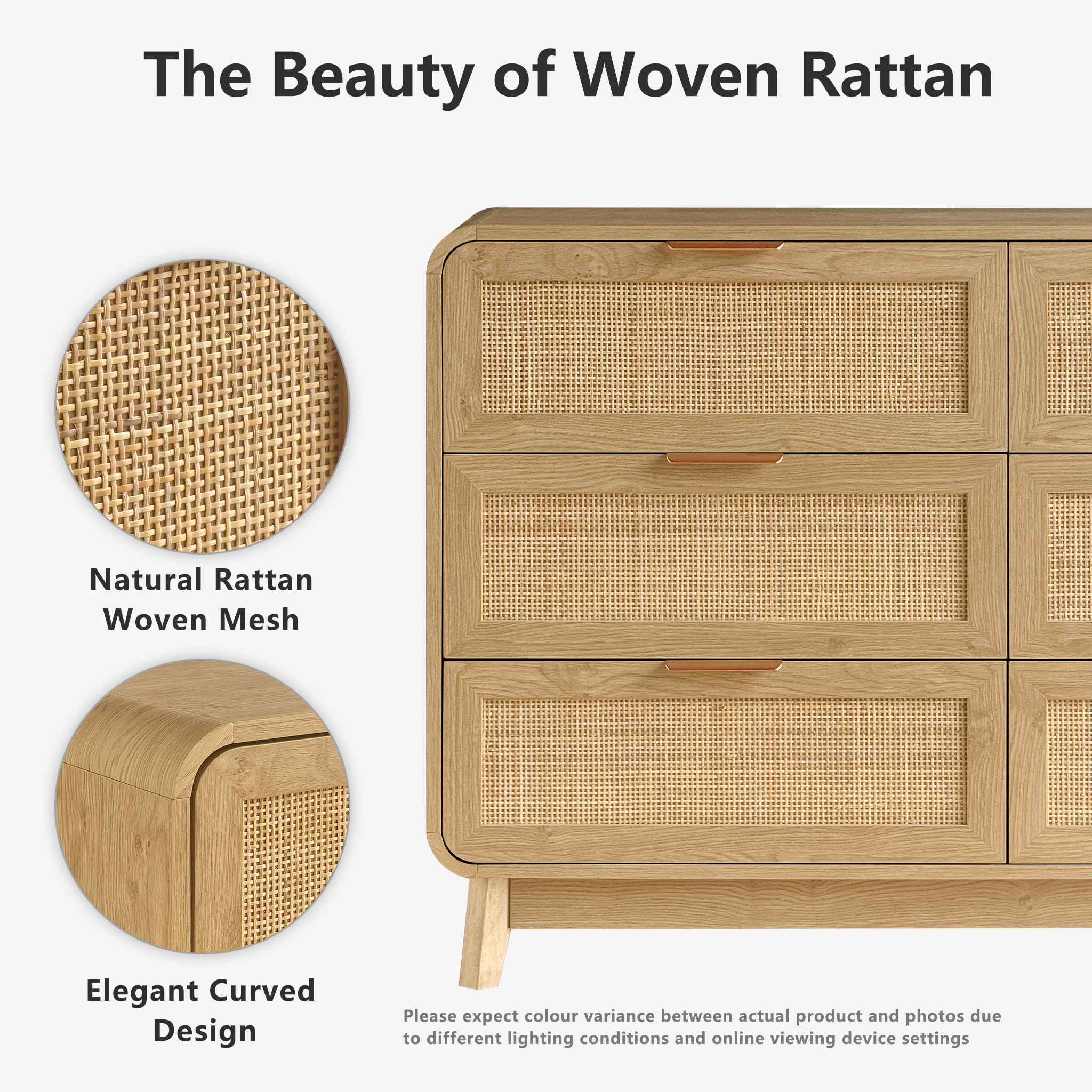Eichen-Rattan-Kommode mit 6 Schubladen – Boho-Chic-Kommode