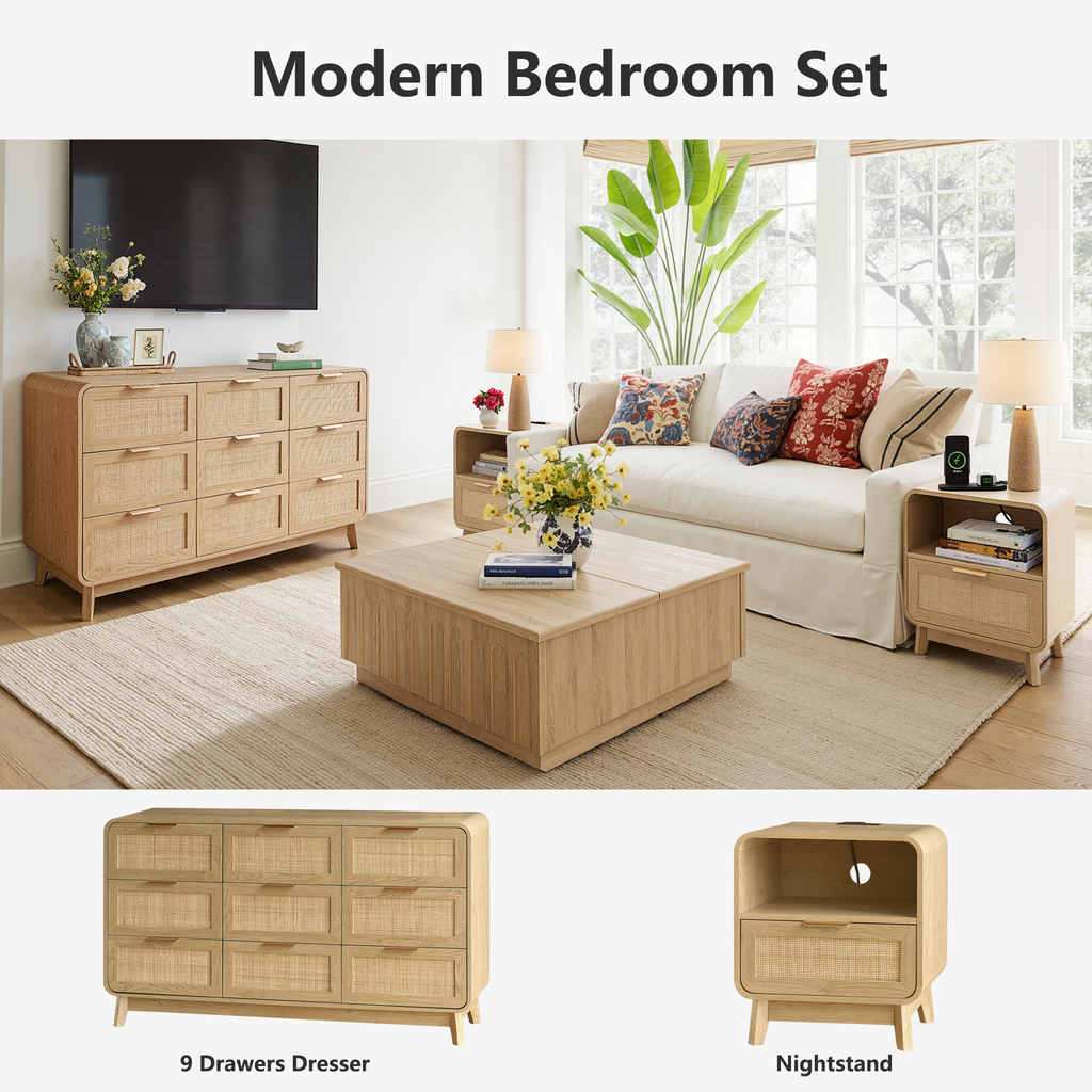 Schlafzimmerset aus Eiche und Rattan, 3-teiliges Boho-Set mit Kommode mit 9 Schubladen und Nachttischen