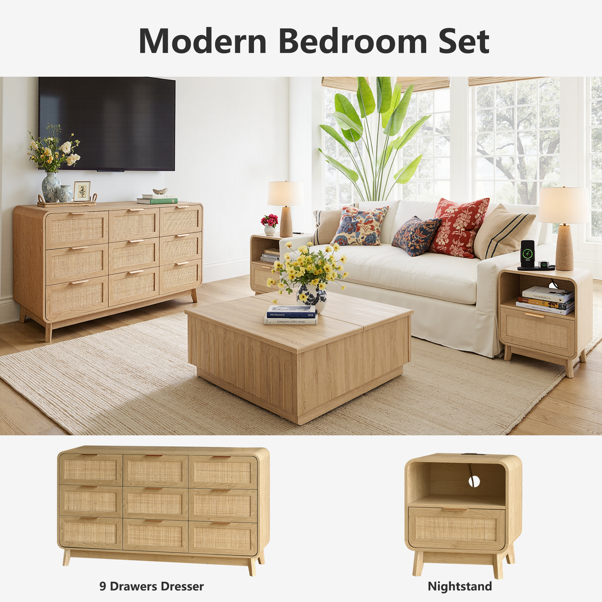 Schlafzimmerset aus Eiche und Rattan, 3-teiliges Boho-Set mit Kommode mit 9 Schubladen und Nachttischen
