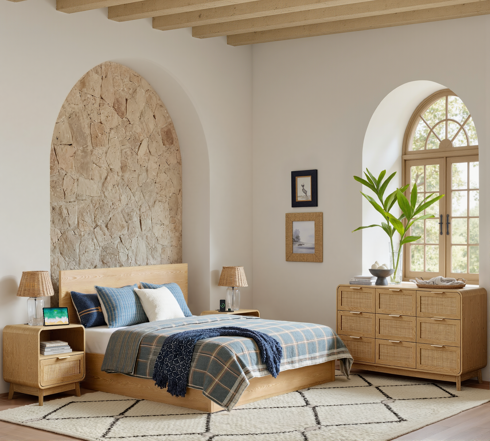 Kommode aus Eiche und Rattan mit 9 Schubladen – Boho-Chic-Kommode