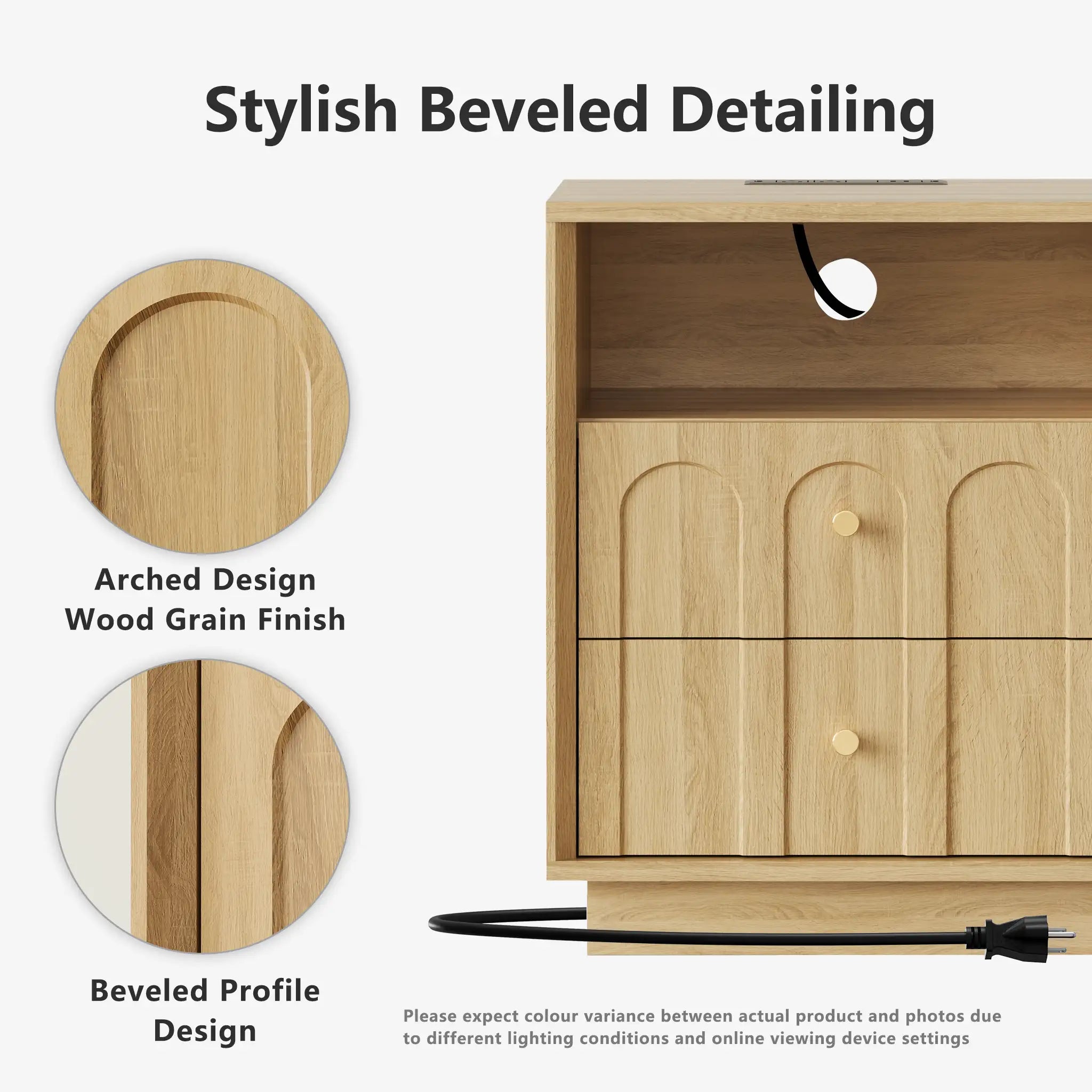 Mid-Century Oak Wood Arch Nightstand with Drawers | Fortunetec