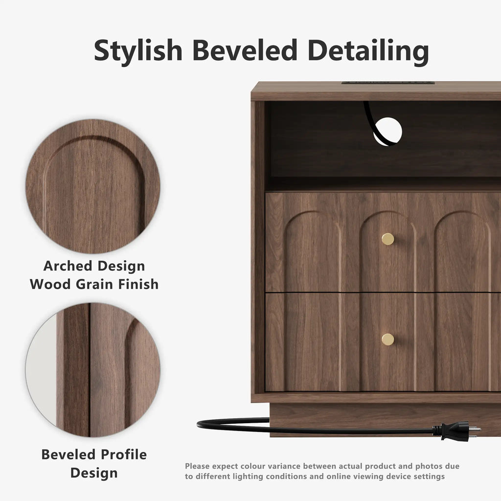 Mid-Century Walnut Nightstand with Arch Design Set 2