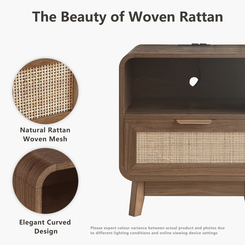 Nachttisch aus Walnuss und Rattan – Boho-Nachttisch mit Schublade