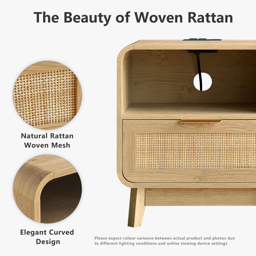 Nachttisch aus Eiche und Rattan – Boho-Nachttisch mit Schublade
