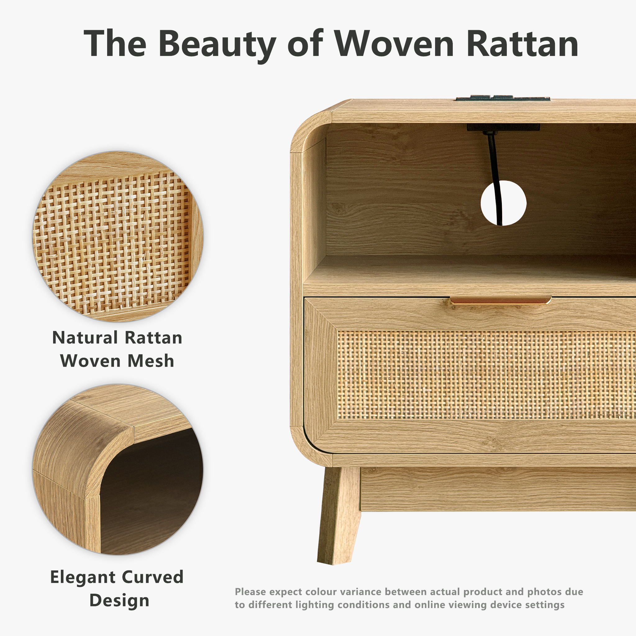 Nachttisch aus Eiche und Rattan – Boho-Nachttisch mit Schublade
