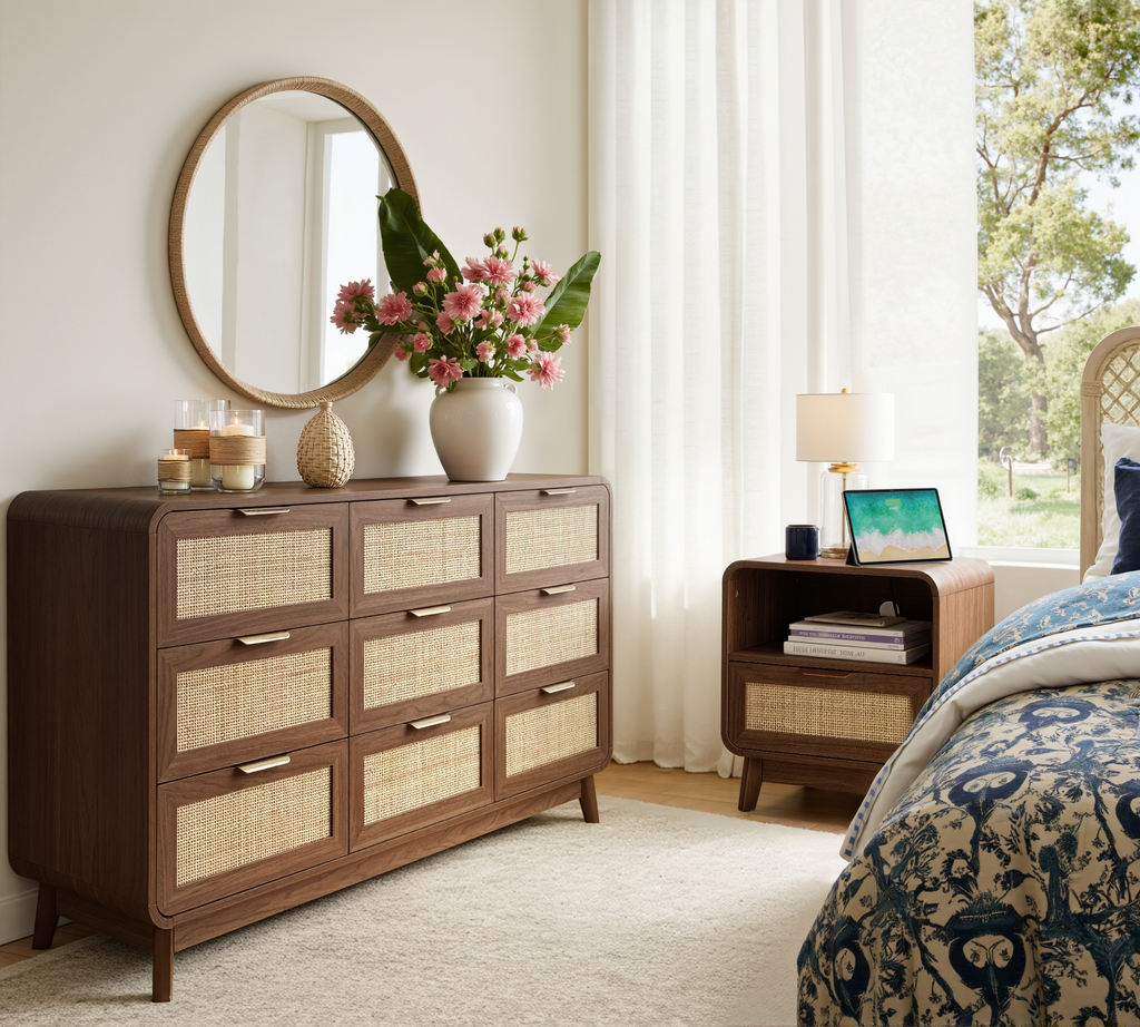 Kommode aus Nussbaum und Rattan mit 9 Schubladen – Kommode im Boho Chic