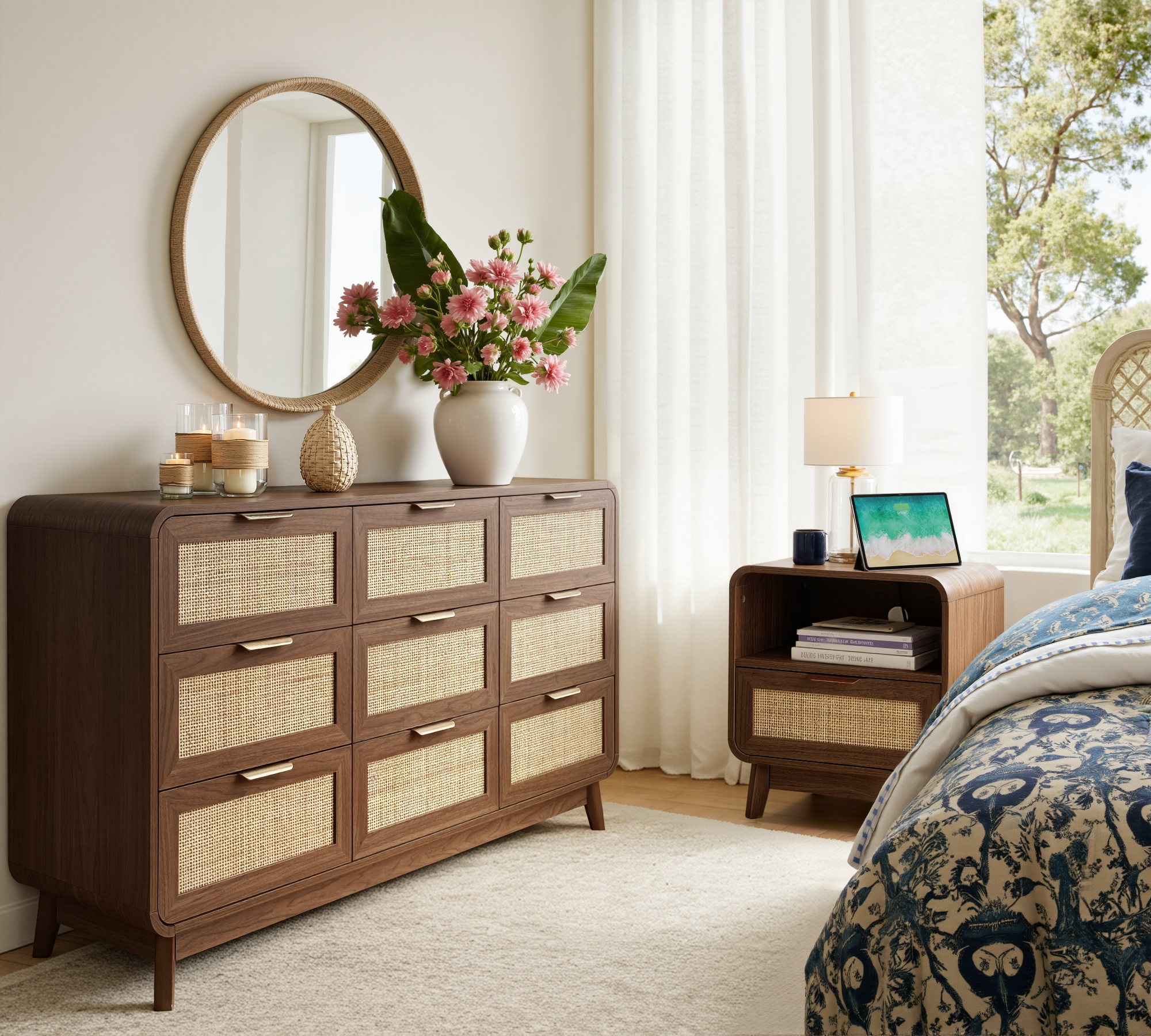Kommode aus Nussbaum und Rattan mit 9 Schubladen – Kommode im Boho Chic