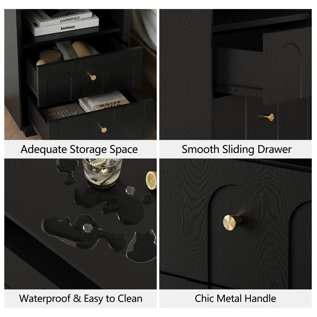 Mid-Century Black Wood Arch Nightstand with Drawers | Fortunetec