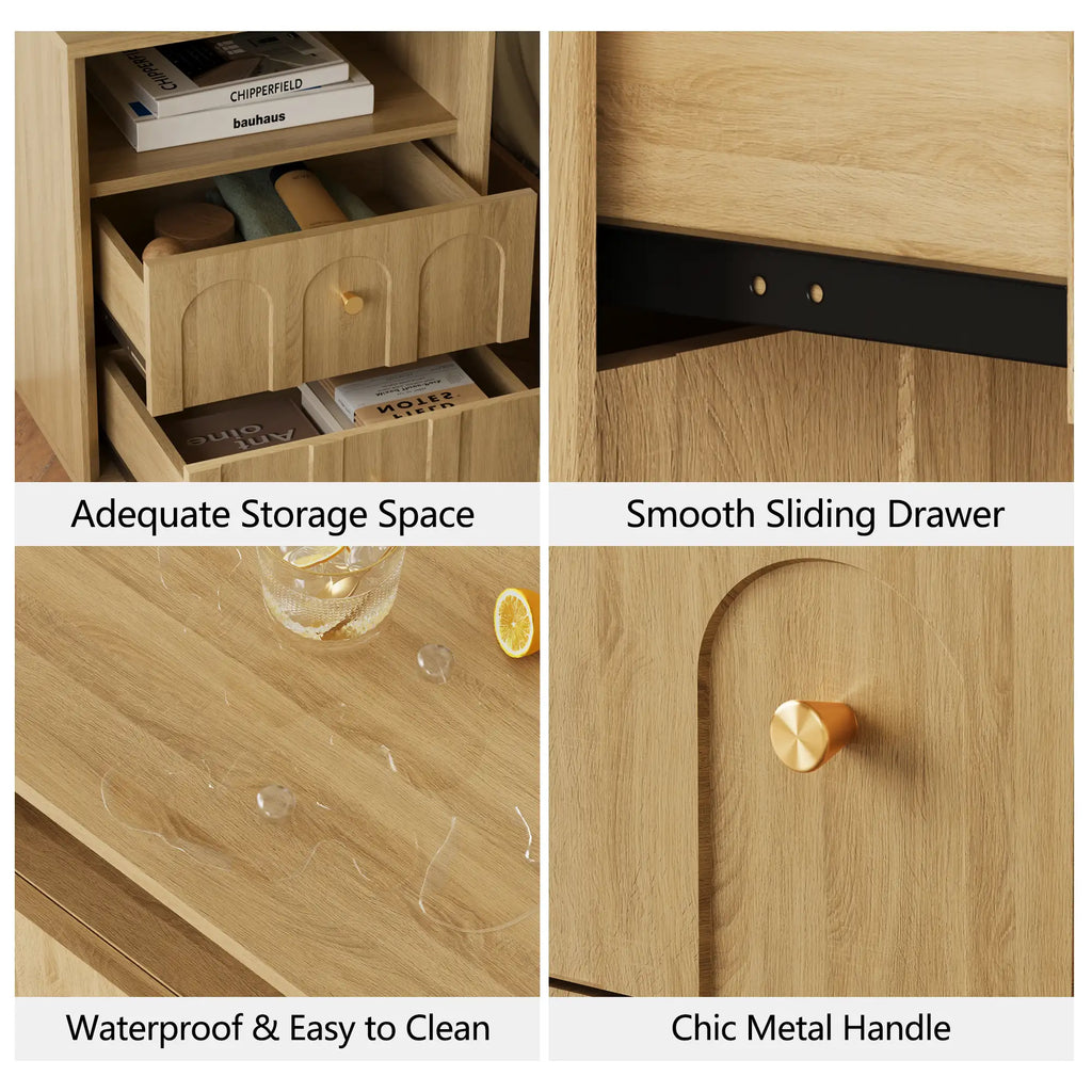 Mid-Century Oak Wood Arch Nightstand with Drawers | Fortunetec