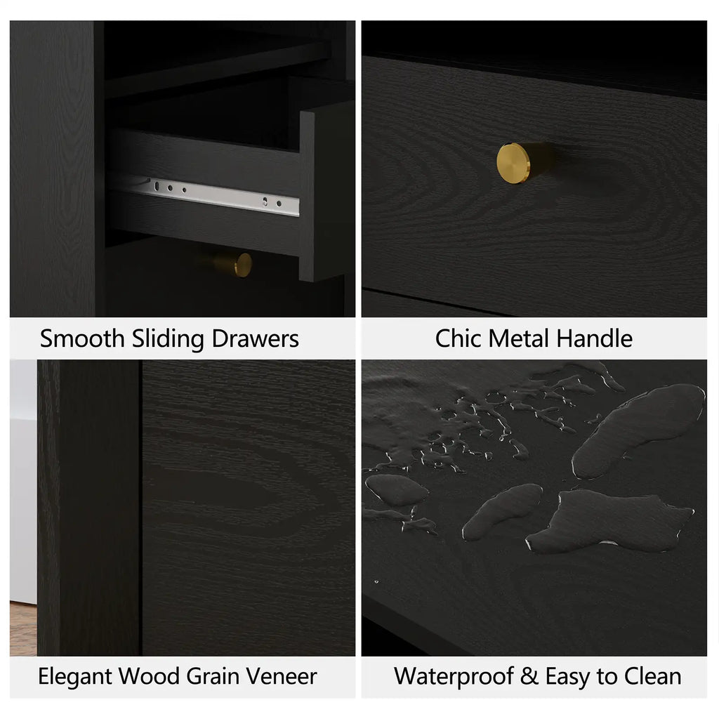 Mid-Century Modern Black Wood Nightstand with Beveled Set 2 | Fortunetec