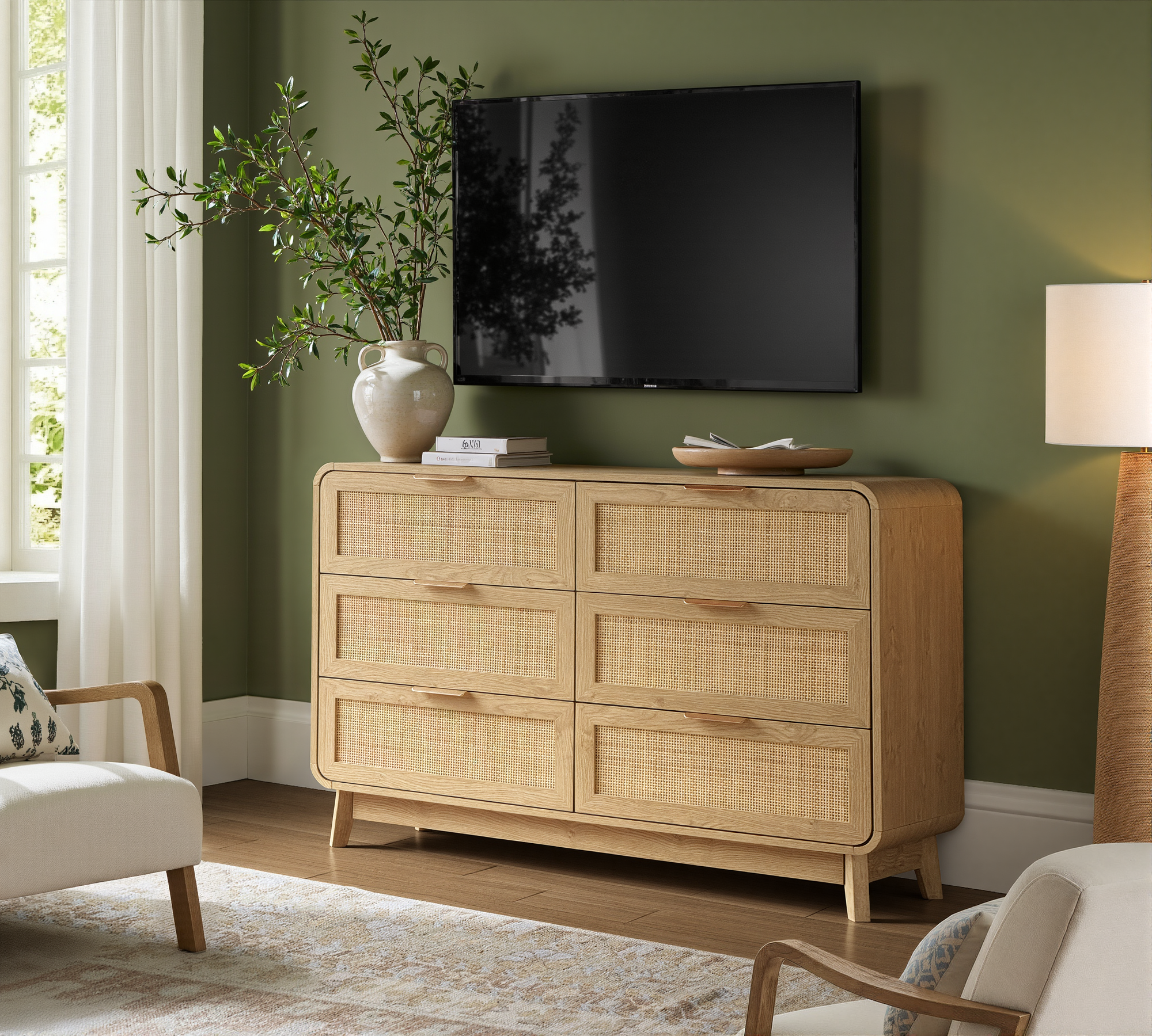 Eichen-Rattan-Kommode mit 6 Schubladen – Boho-Chic-Kommode