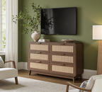 Bettzimmer-Set aus Eiche und Rattan, 3-teiliges Boho-Set mit Kommode mit 6 Schubladen und Nachttischen