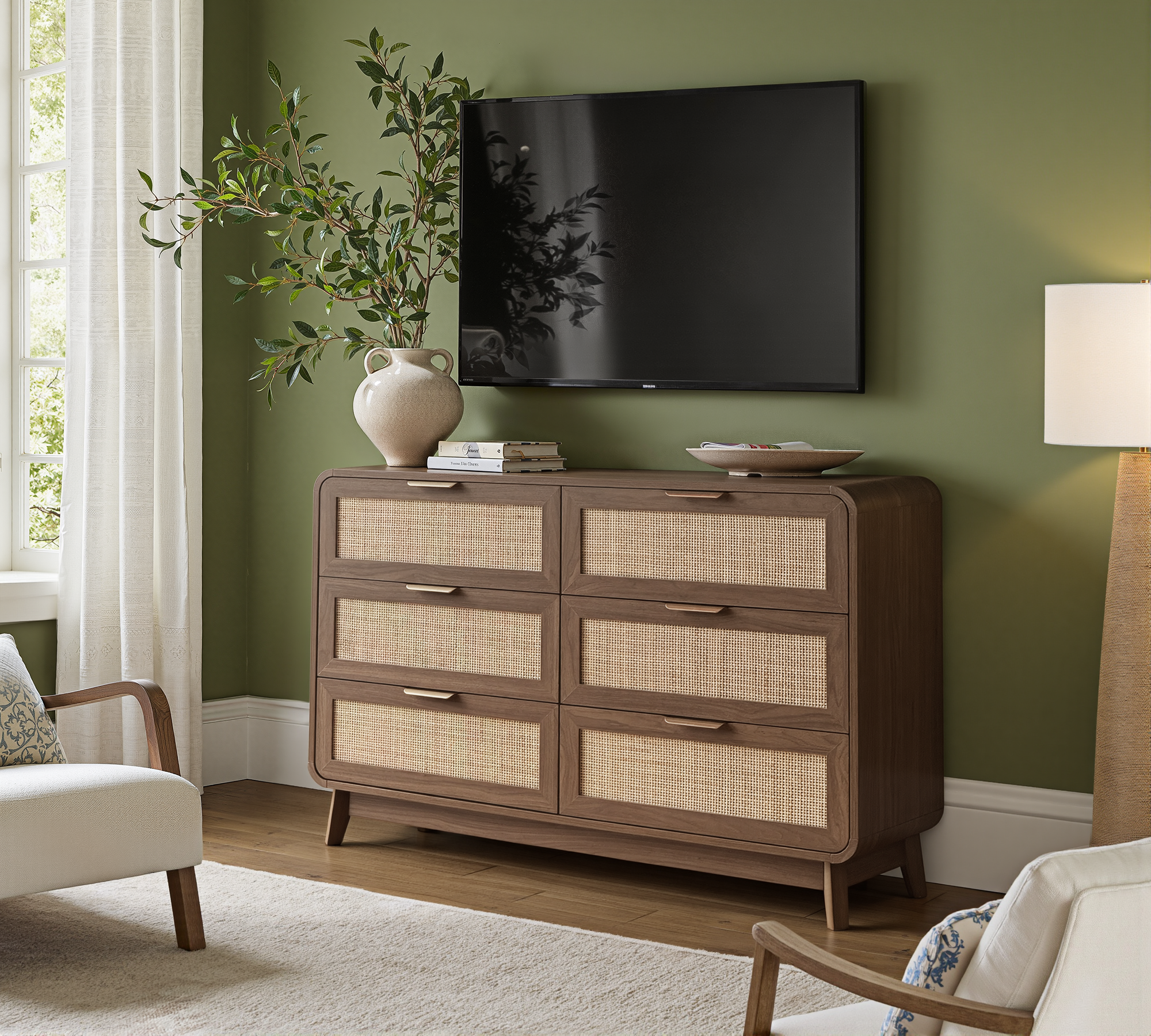 Nussbaum Rattan Kommode mit 6 Schubladen – Boho Chic Kommode