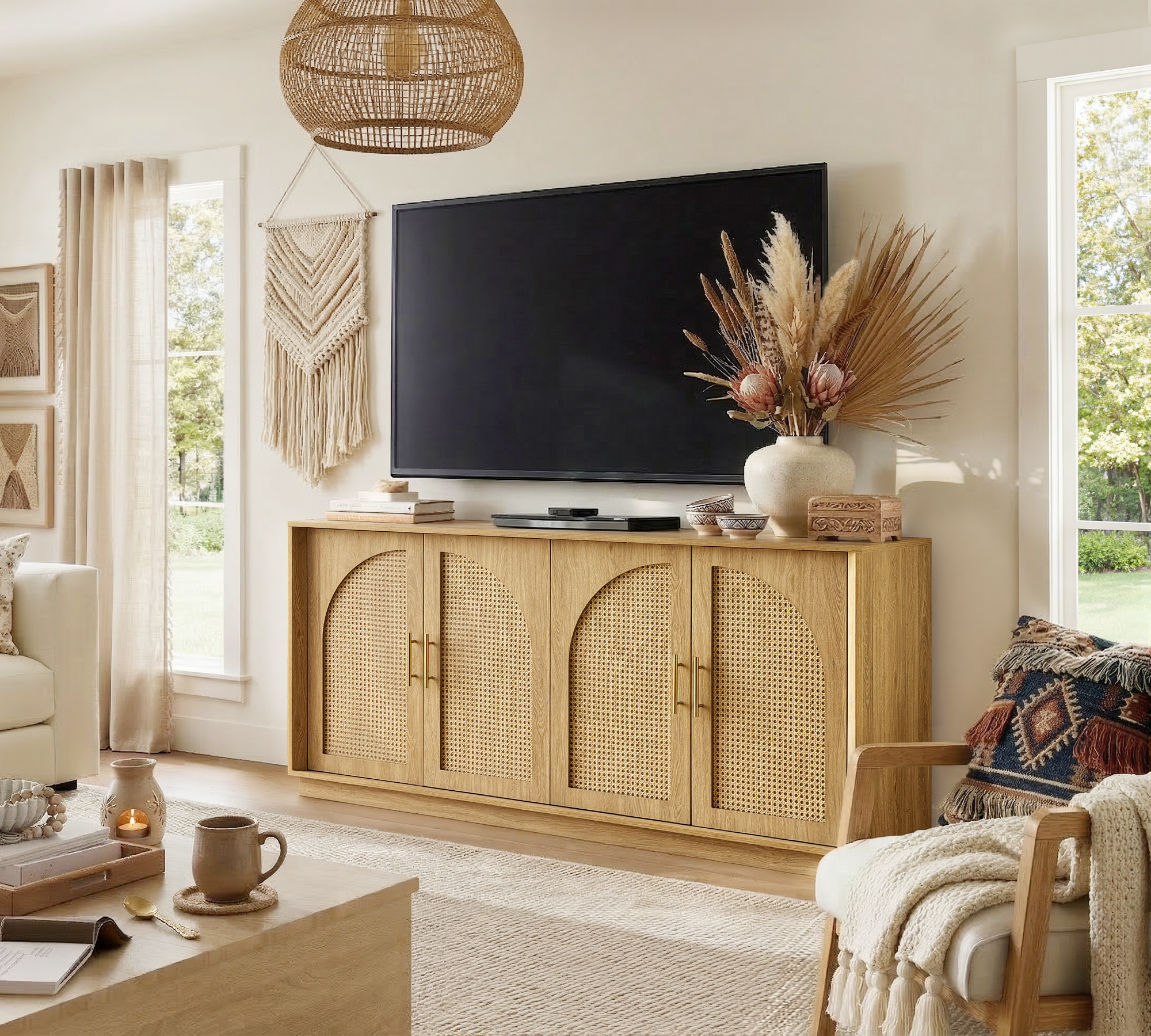 63" 4 Rattan Sideboard – Eiche Natur für Ess- & Wohnzimmer