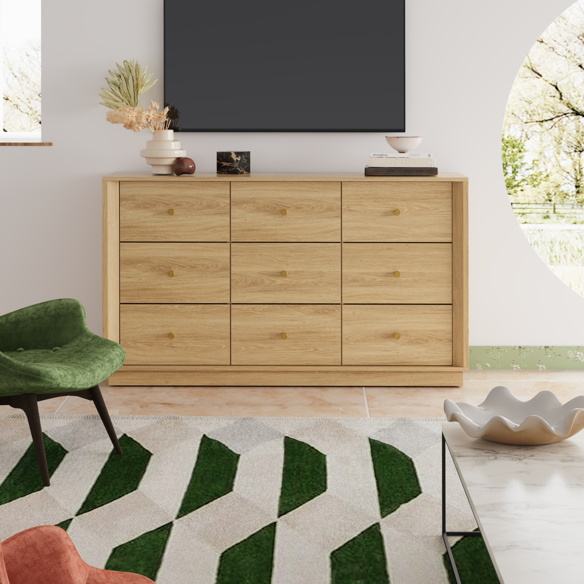 Mid-Century Modern 9-Drawer Dresser in Oak – Wide Storage Chest for Bedroom & Living Room - FORTUNETEC