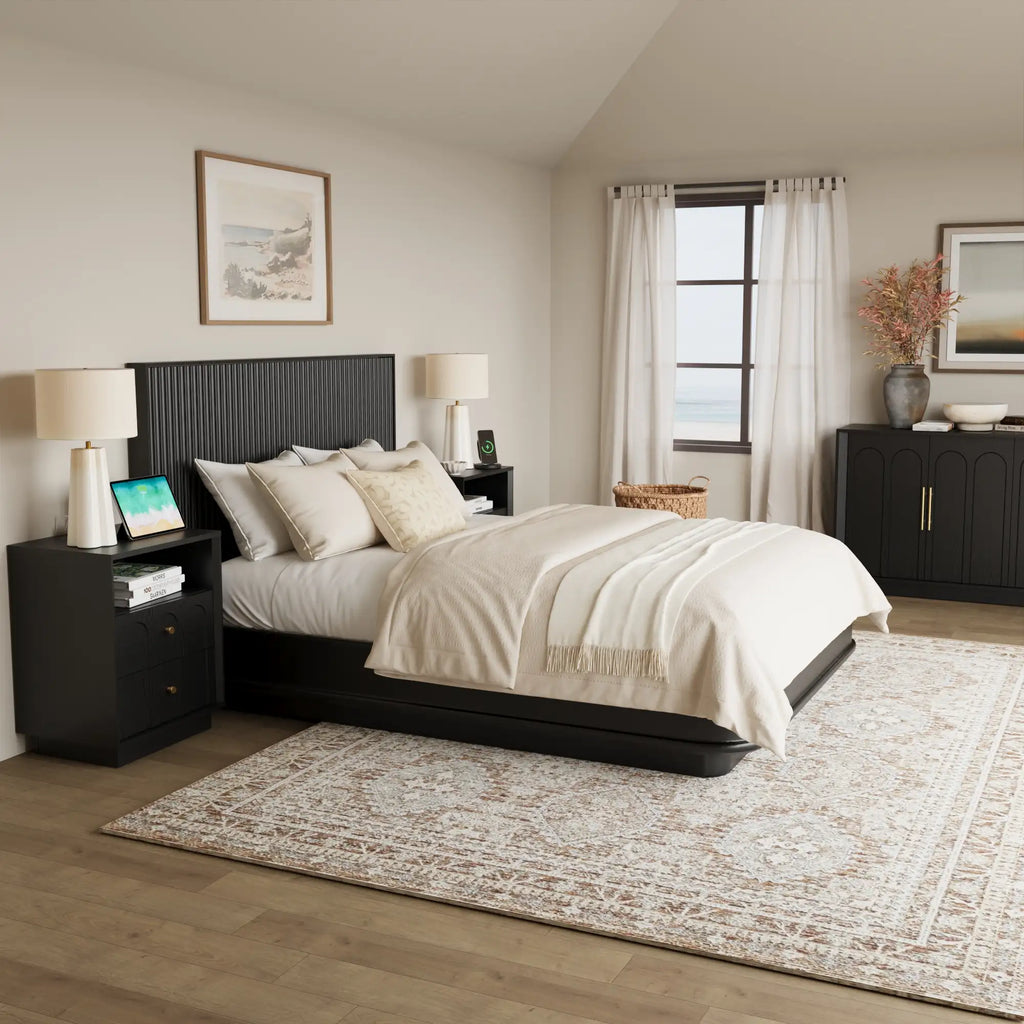 Mid-Century Black Wood Arch Nightstand with Drawers | Fortunetec