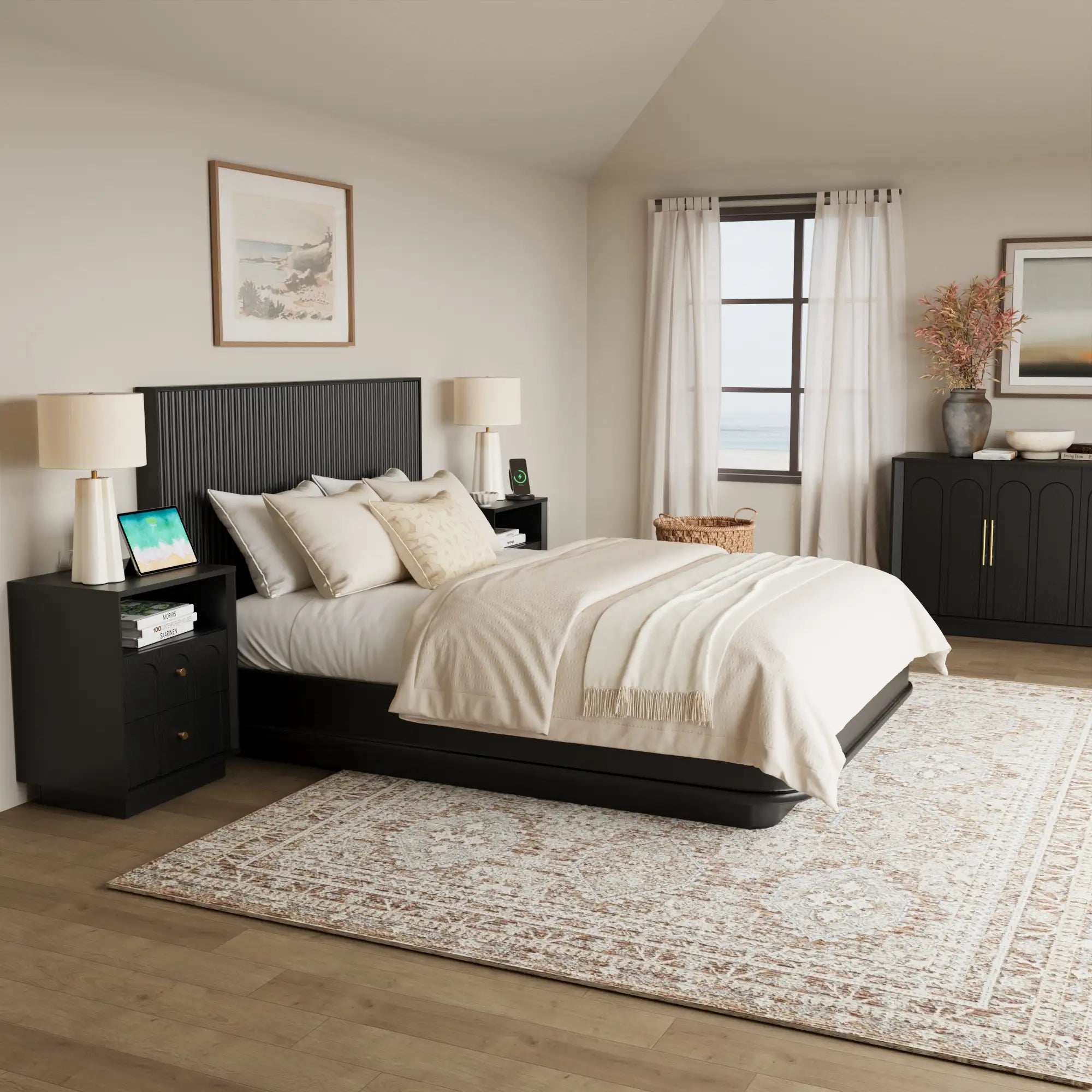 Mid-Century Black Wood Arch Nightstand with Drawers set 2| Fortunetec