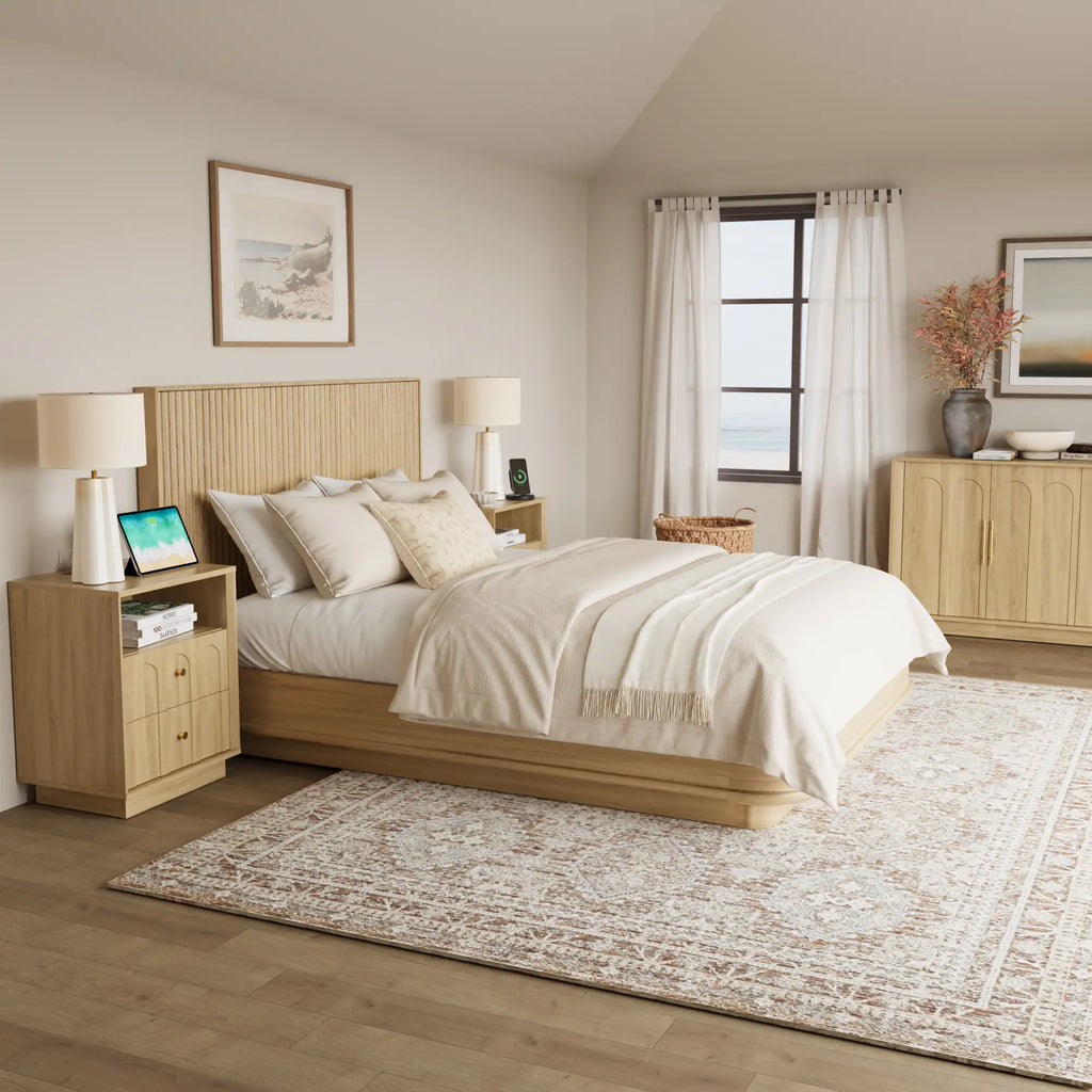 Mid-Century Oak Wood Arch Nightstand with Drawers | Fortunetec