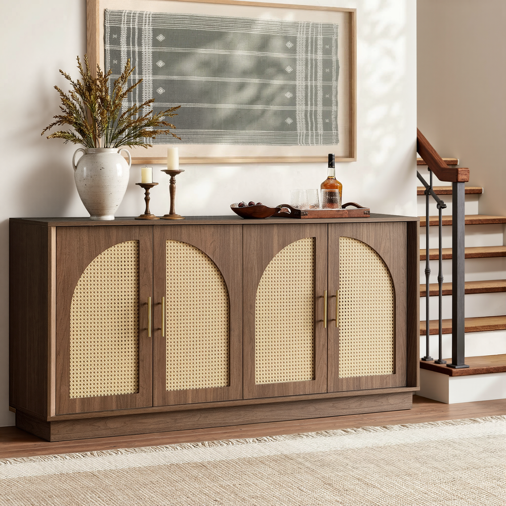 63" 4 Rattan Sideboard - Walnuss Natur für Esszimmer & Wohnzimmer