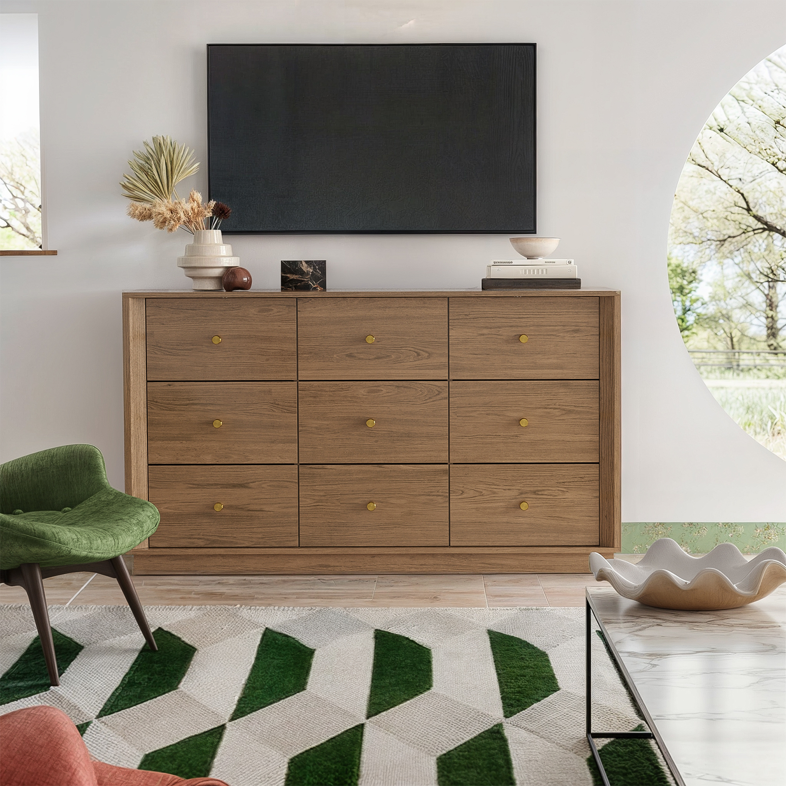 Mid-Century Modern Walnut 9-Drawer Dresser – Wide Storage Chest for Bedroom & Living Room - FORTUNETEC