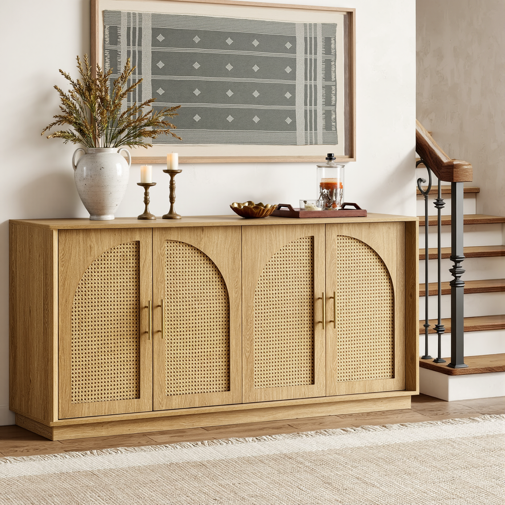 63" 4 Rattan Sideboard – Eiche Natur für Ess- & Wohnzimmer