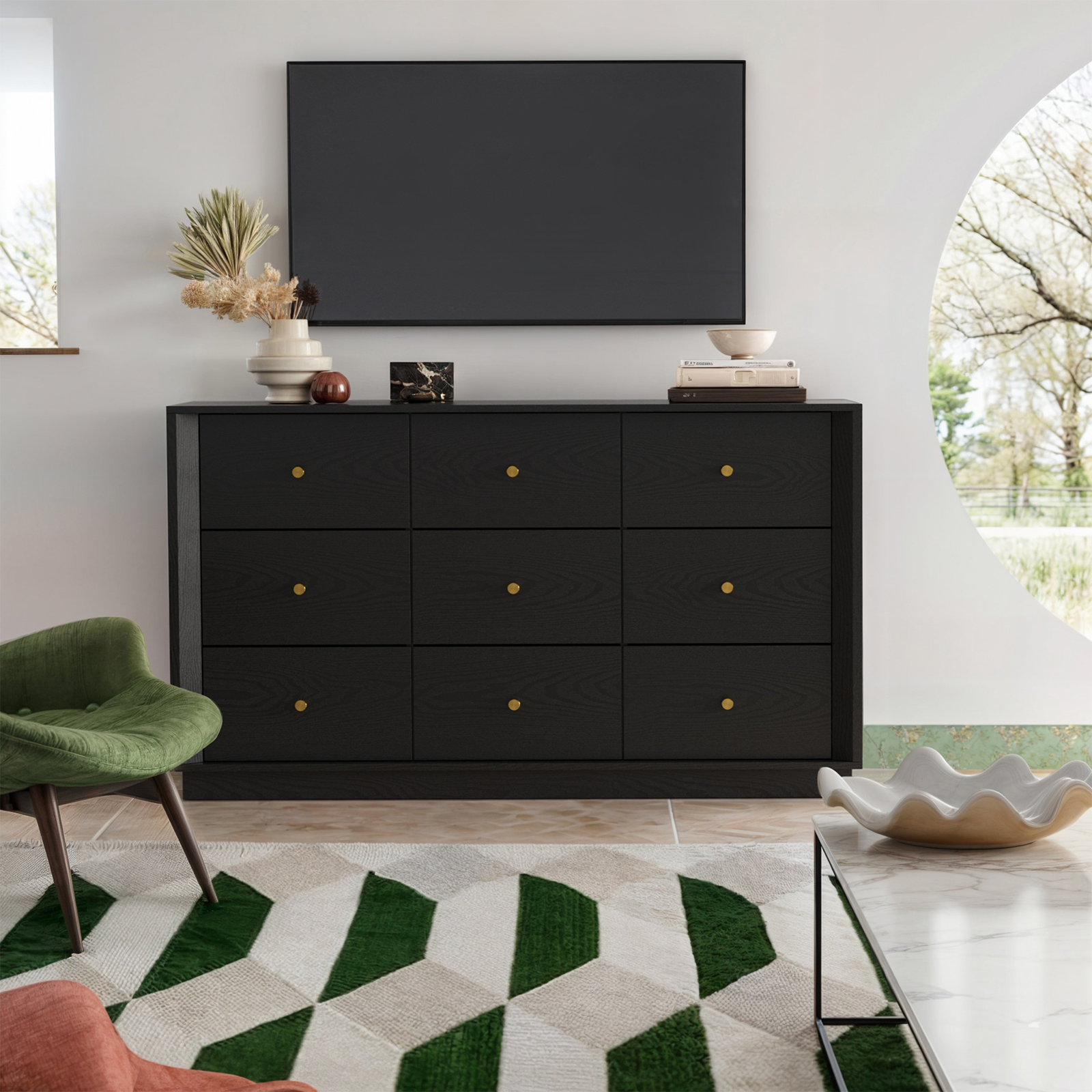 Mid-Century Modern Black Wood 9-Drawer Dresser – Wide Storage Chest for Bedroom & Living Room - FORTUNETEC
