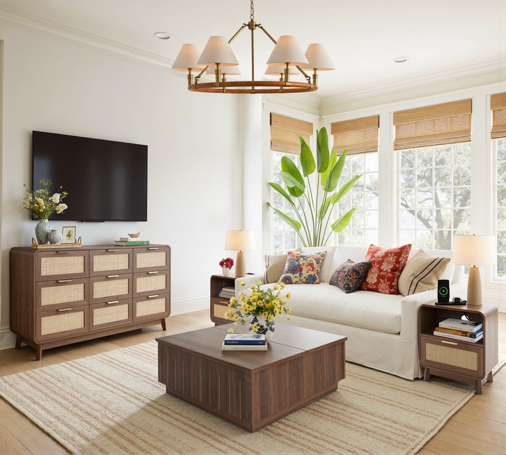 Kommode aus Nussbaum und Rattan mit 9 Schubladen – Kommode im Boho Chic