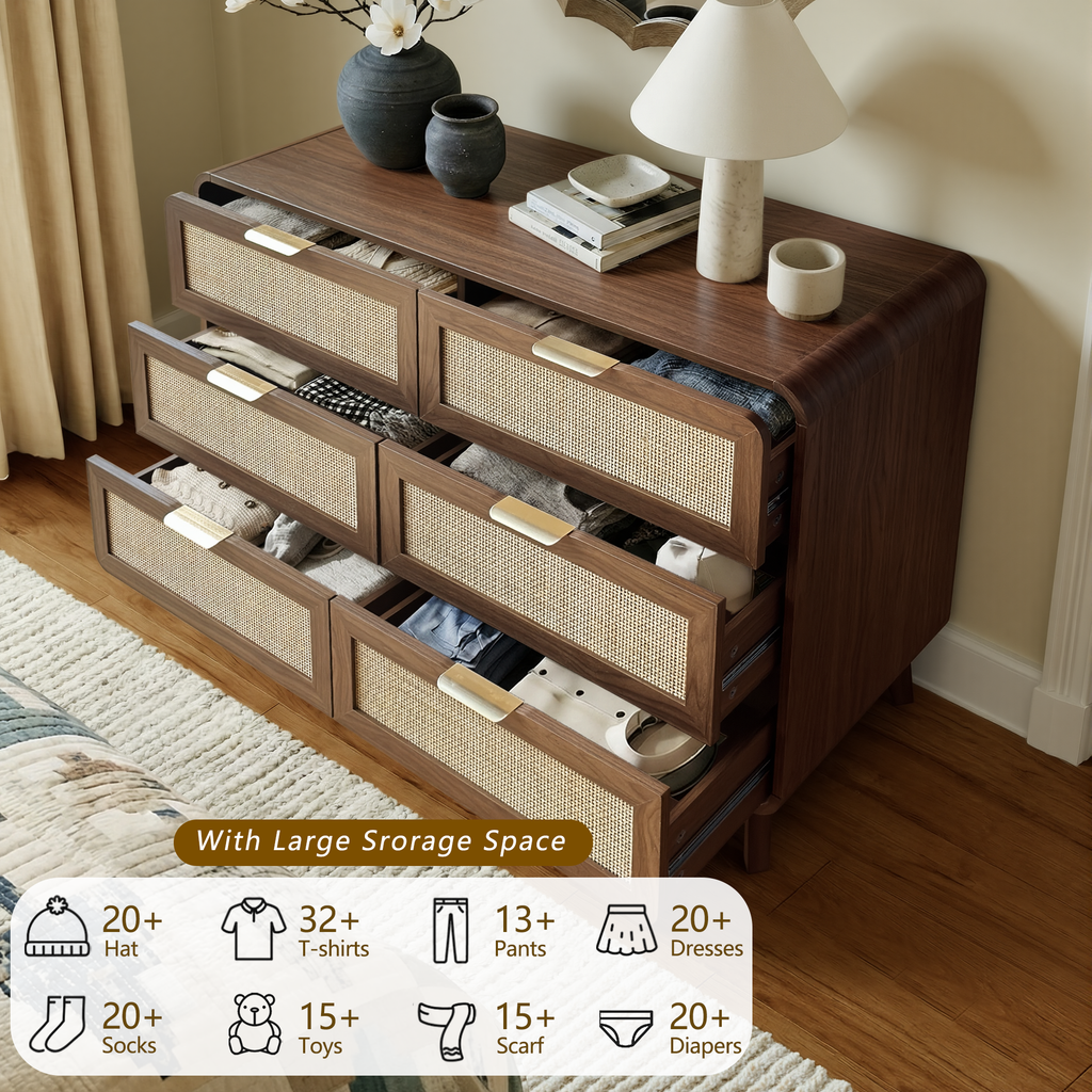 Bettzimmer-Set aus Eiche und Rattan, 3-teiliges Boho-Set mit Kommode mit 6 Schubladen und Nachttischen