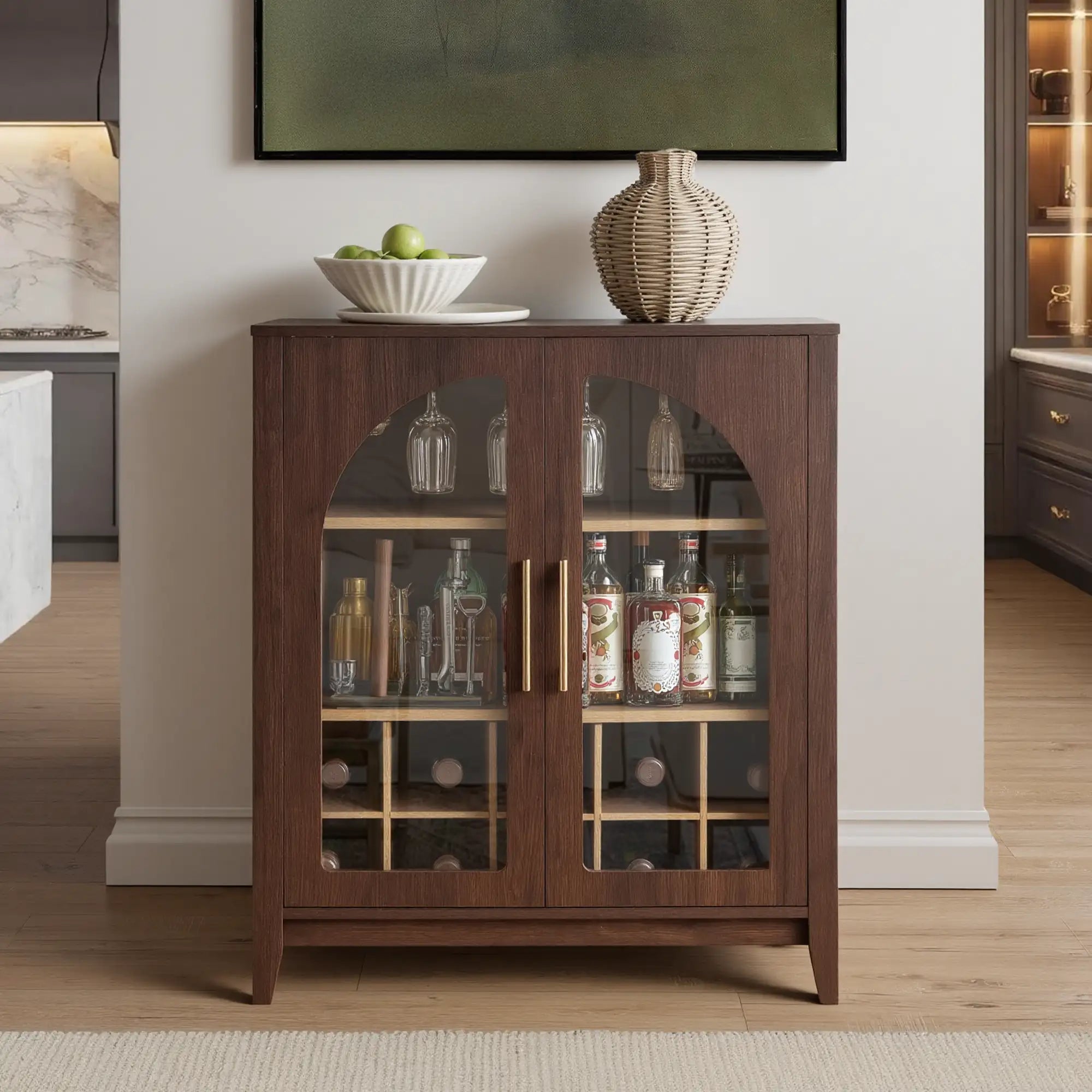Walnut Wine Bar Cabinet with Glass Doors & Wine Rack – Mid Century Modern Liquor Sideboard with Storage