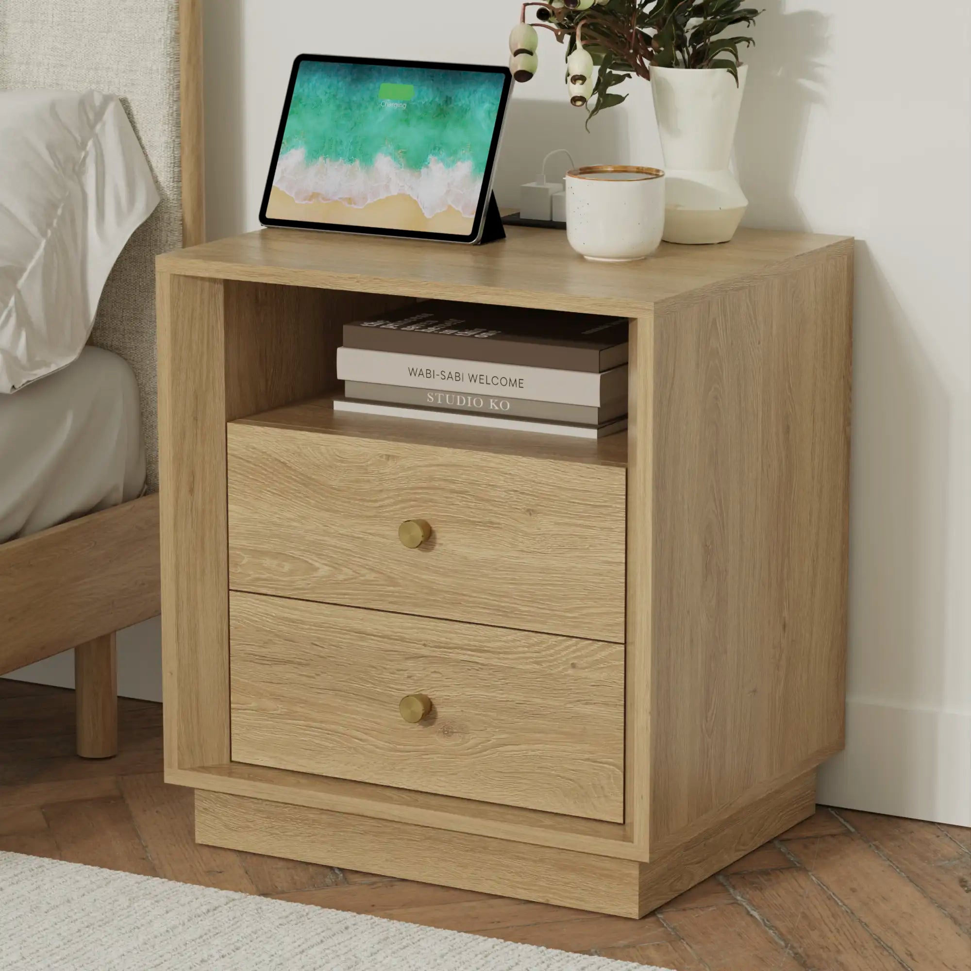 Mid-Century Modern Goak Nightstand with Beveled Edges | Fortunetec
