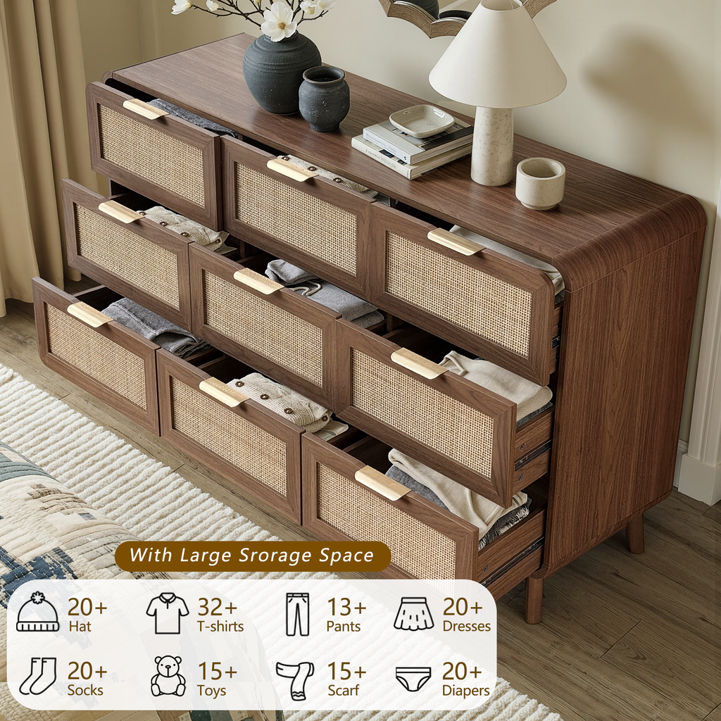 Kommode aus Nussbaum und Rattan mit 9 Schubladen – Kommode im Boho Chic