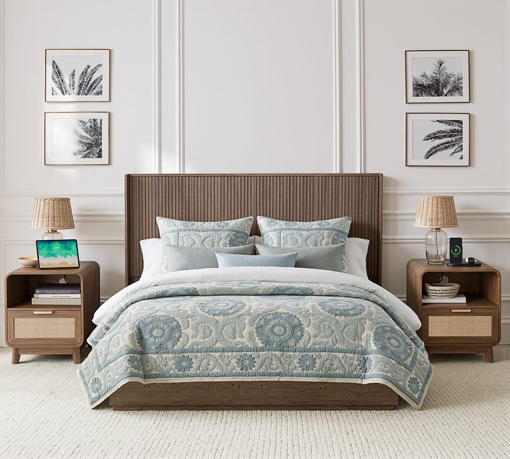 Nachttisch aus Walnuss und Rattan – Boho-Nachttisch mit Schublade