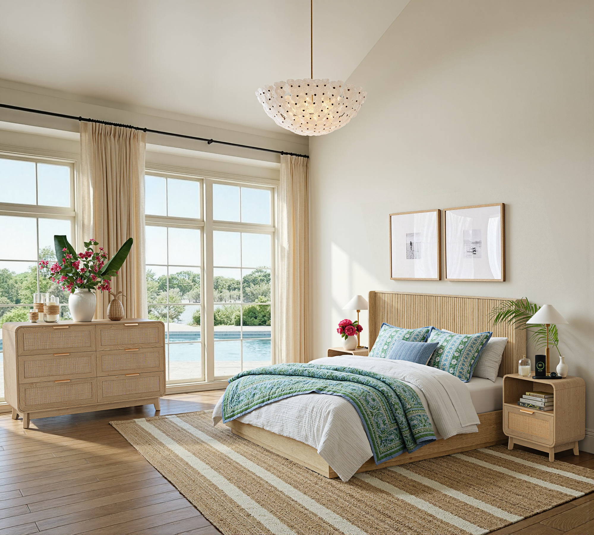 Eichen-Rattan-Kommode mit 6 Schubladen – Boho-Chic-Kommode