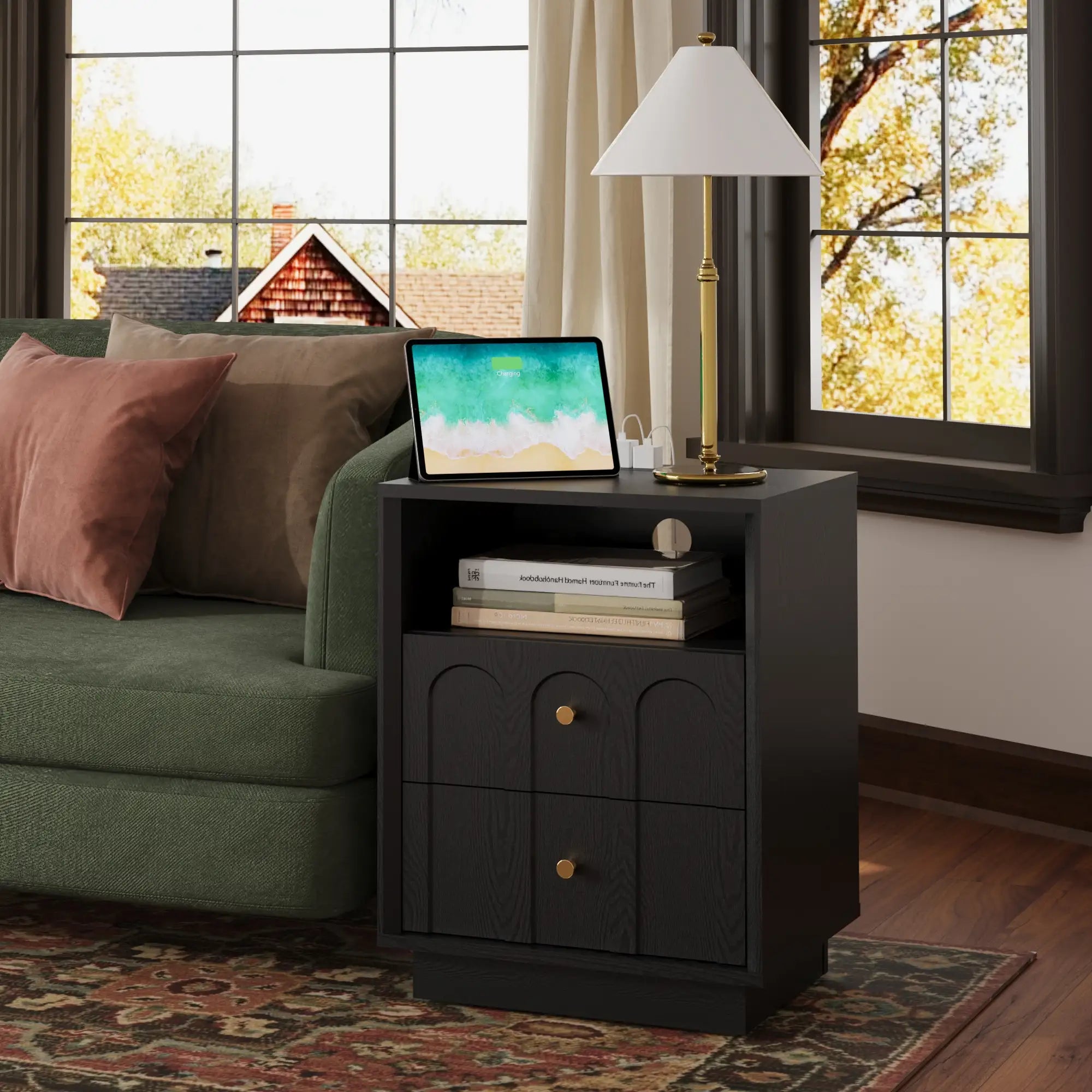 Mid-Century Black Wood Arch Nightstand with Drawers set 2| Fortunetec