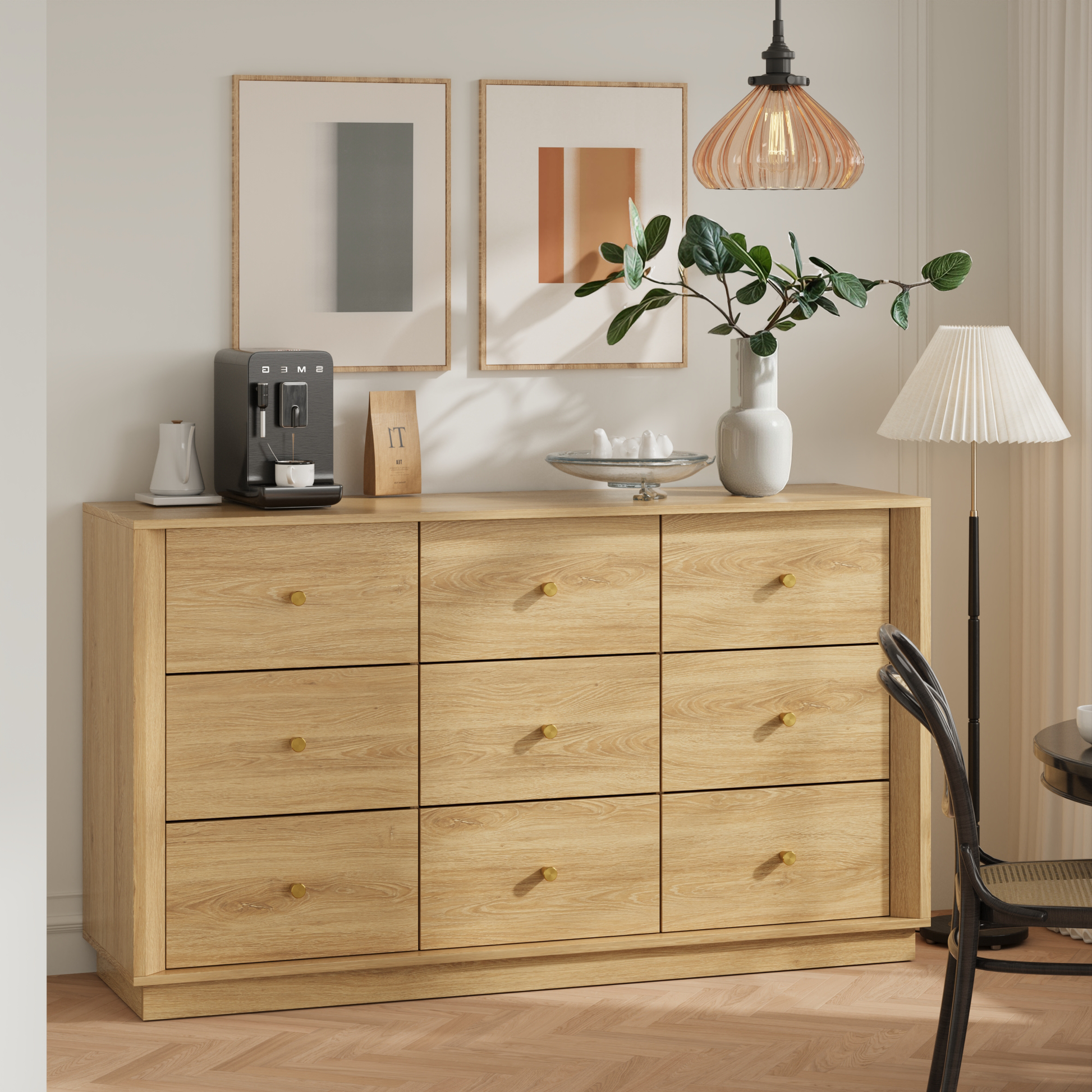 Mid-Century Modern 9-Drawer Dresser in Oak – Wide Storage Chest for Bedroom & Living Room - FORTUNETEC