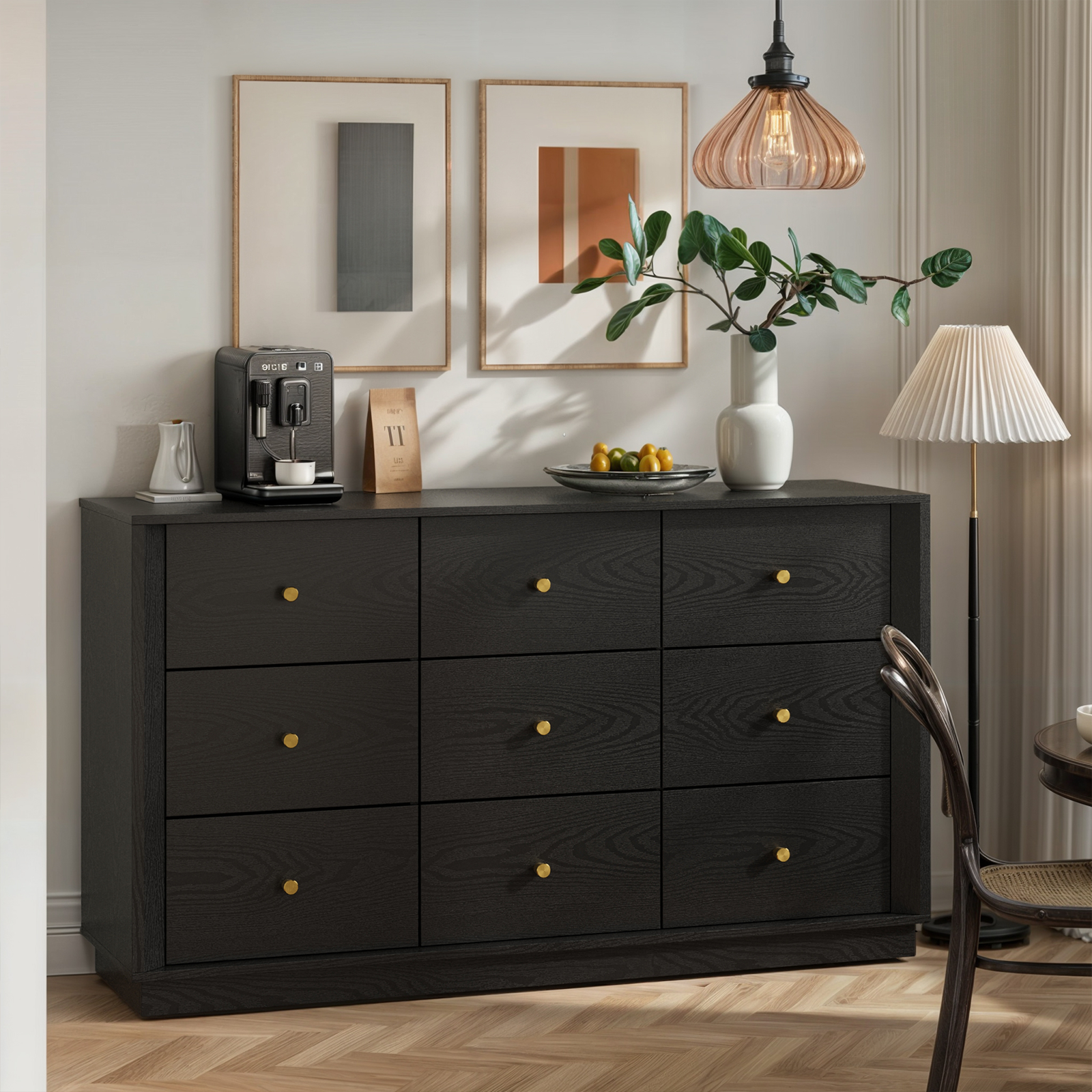 Mid-Century Modern Black Wood 9-Drawer Dresser – Wide Storage Chest for Bedroom & Living Room - FORTUNETEC