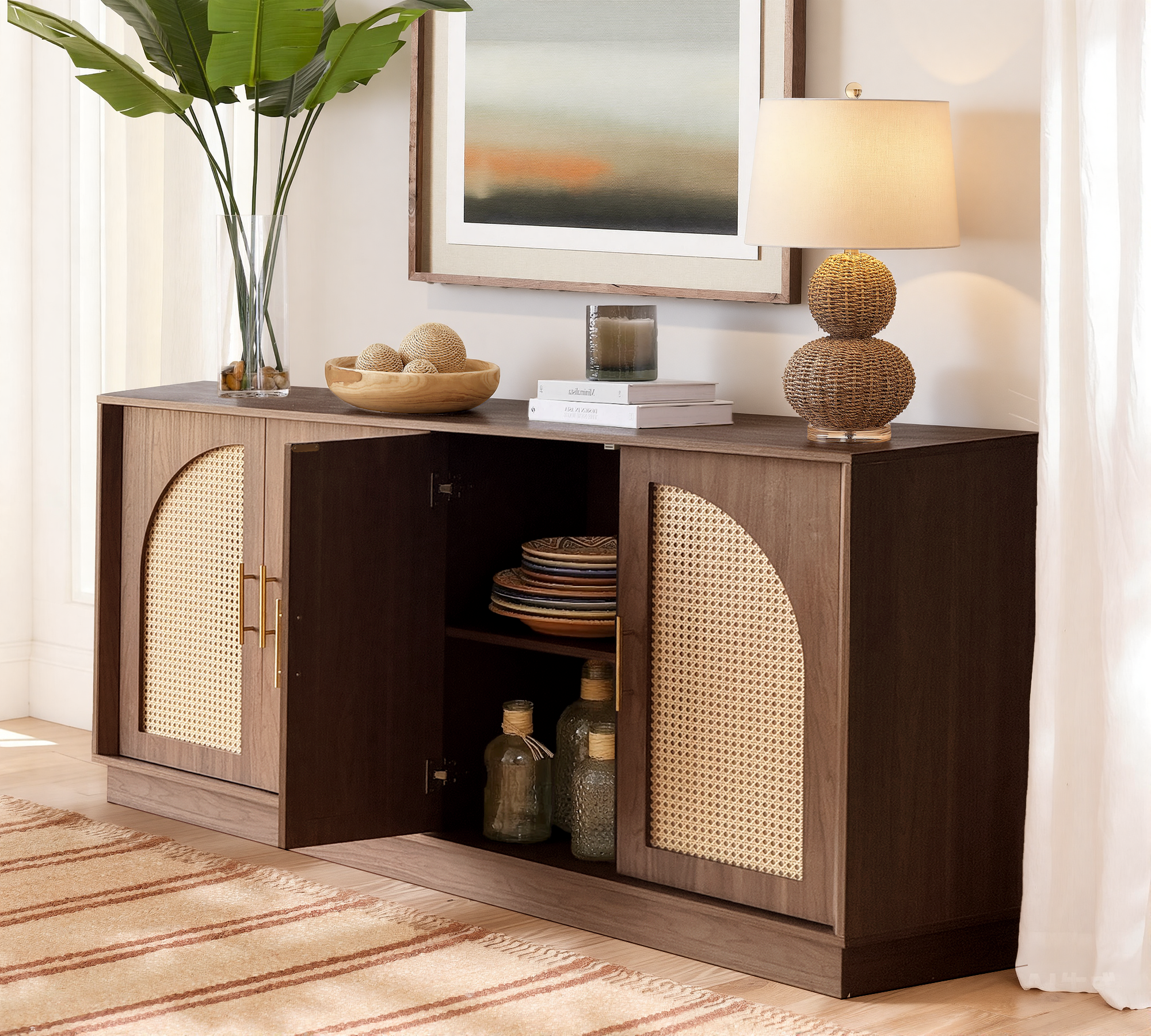 63" 4 Rattan Sideboard - Walnut Natural for Dining Room & Living Room