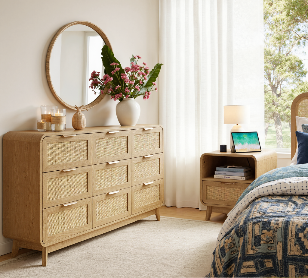 Schlafzimmerset aus Eiche und Rattan, 3-teiliges Boho-Set mit Kommode mit 9 Schubladen und Nachttischen