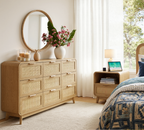 Schlafzimmerset aus Eiche und Rattan, 3-teiliges Boho-Set mit Kommode mit 9 Schubladen und Nachttischen