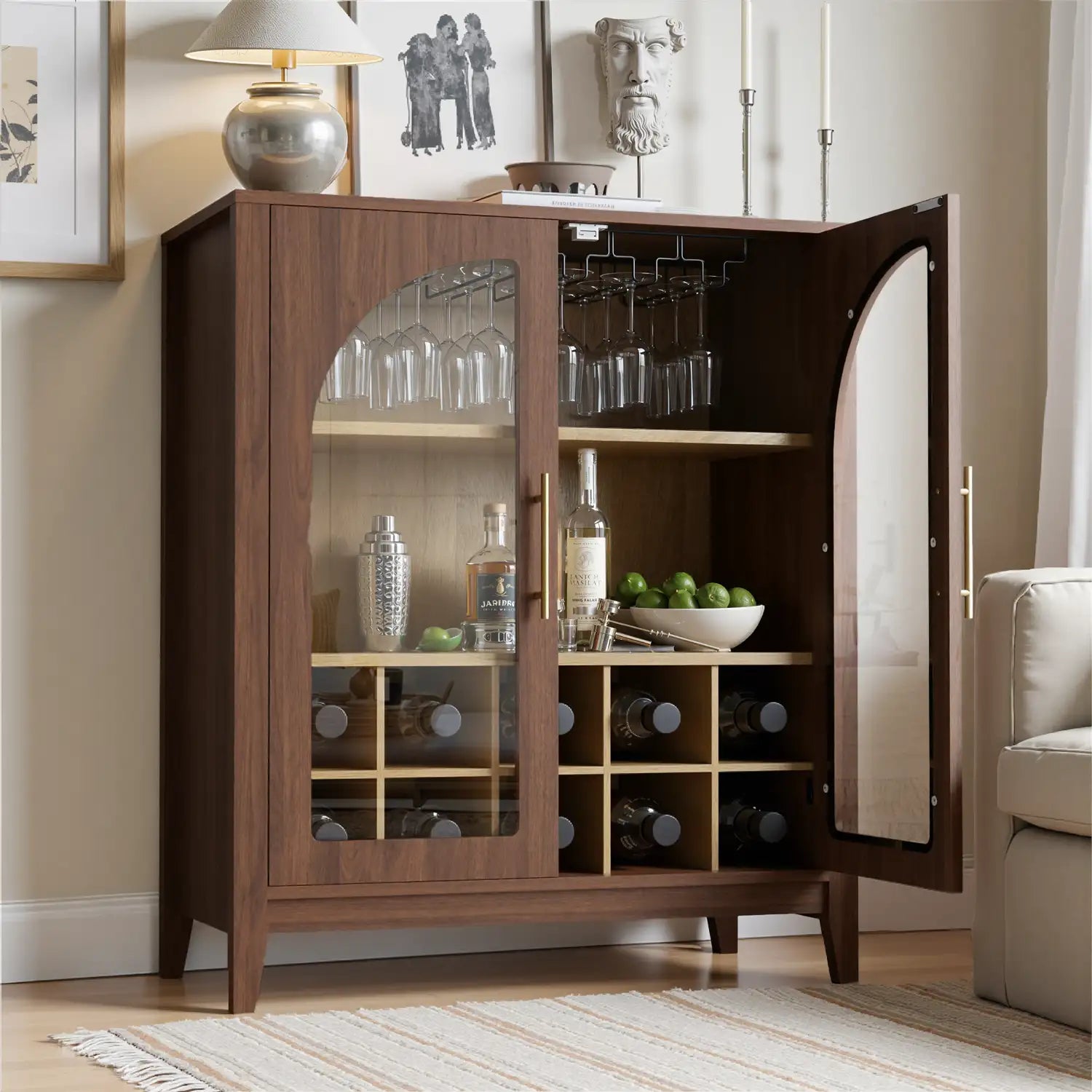 Walnut Wine Bar Cabinet with Glass Doors & Wine Rack – Mid Century Modern Liquor Sideboard with Storage