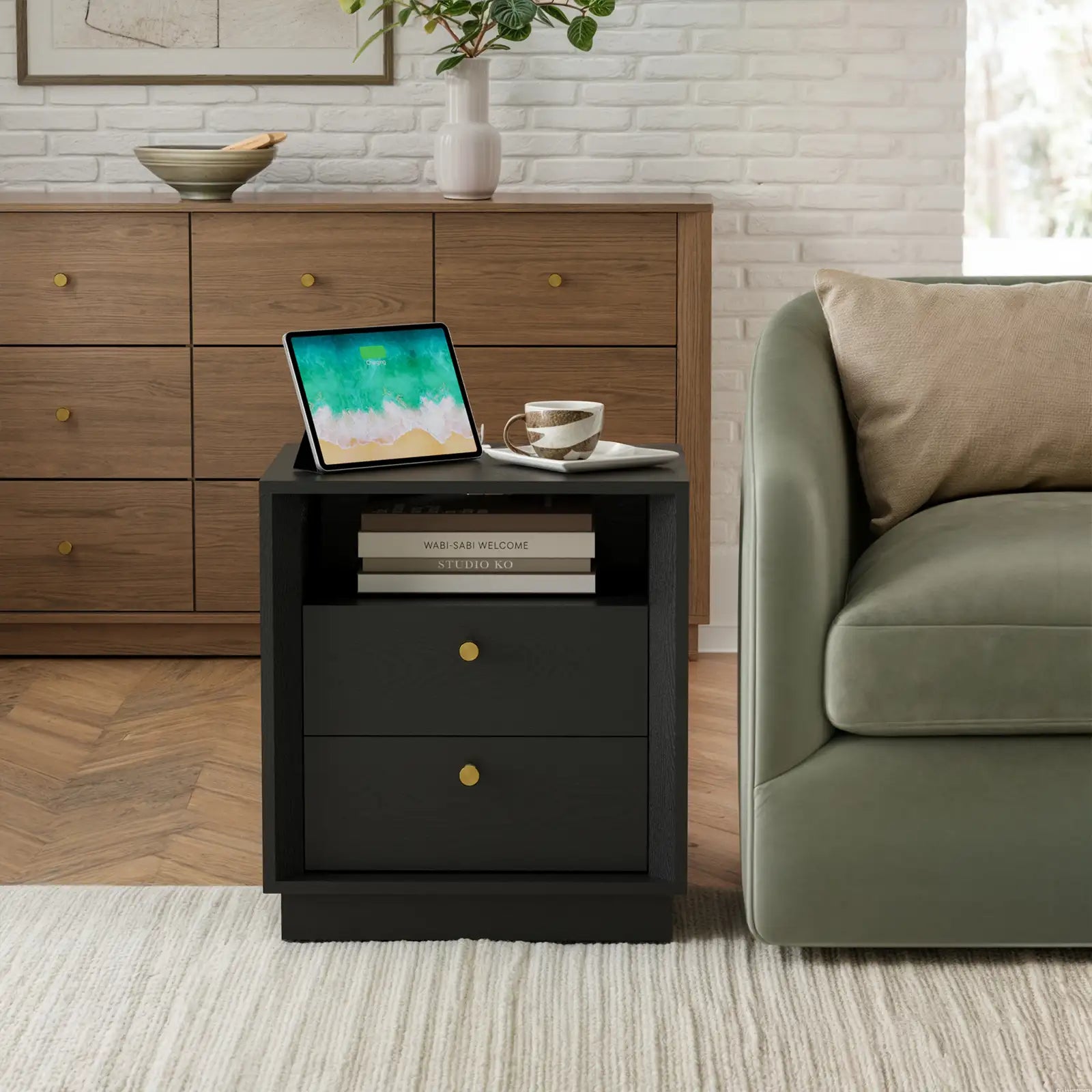 Mid-Century Modern Black Wood Nightstand with Beveled | Fortunetec