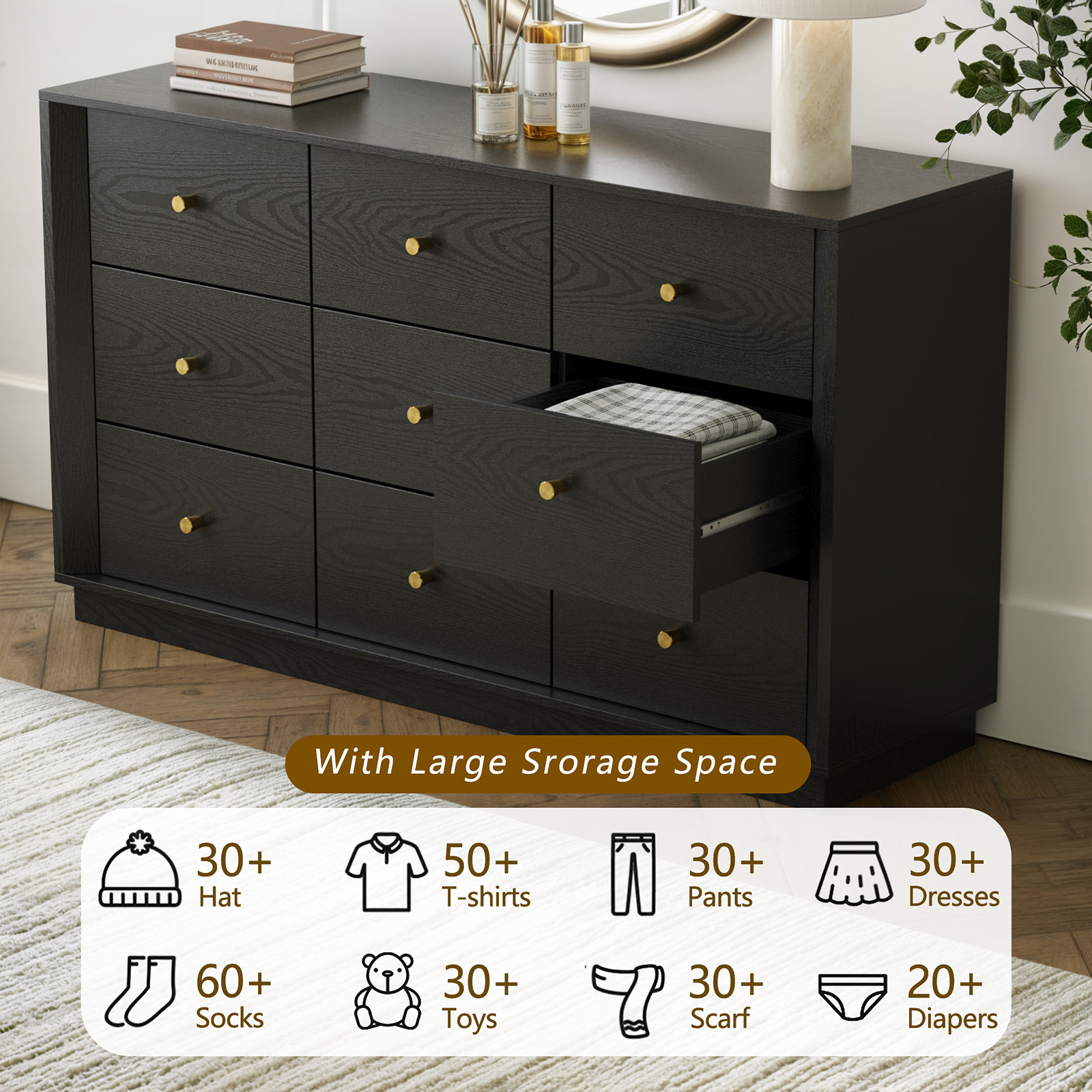 Mid-Century Modern Black Wood 9-Drawer Dresser – Wide Storage Chest for Bedroom & Living Room - FORTUNETEC