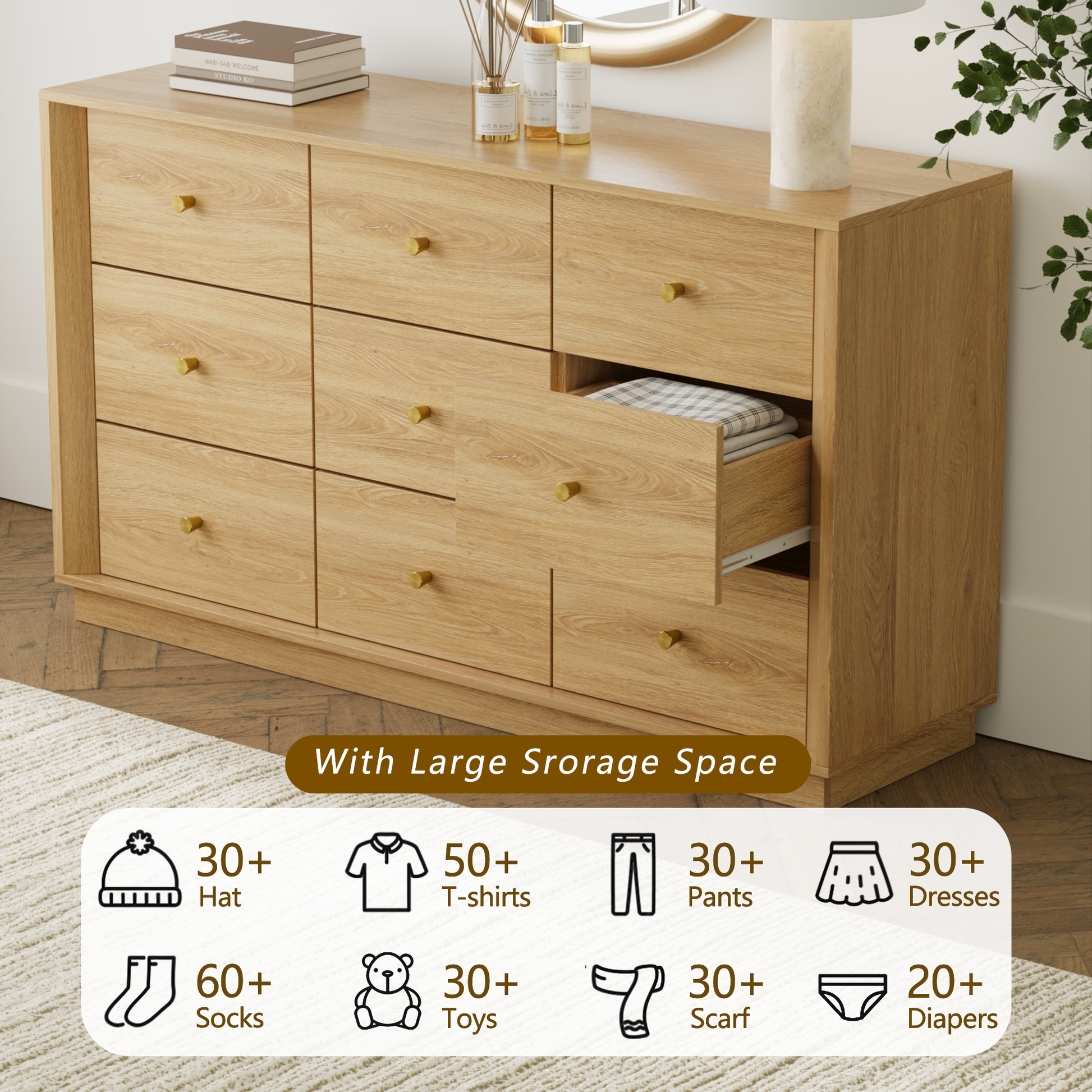 Mid-Century Modern 9-Drawer Dresser in Oak – Wide Storage Chest for Bedroom & Living Room - FORTUNETEC