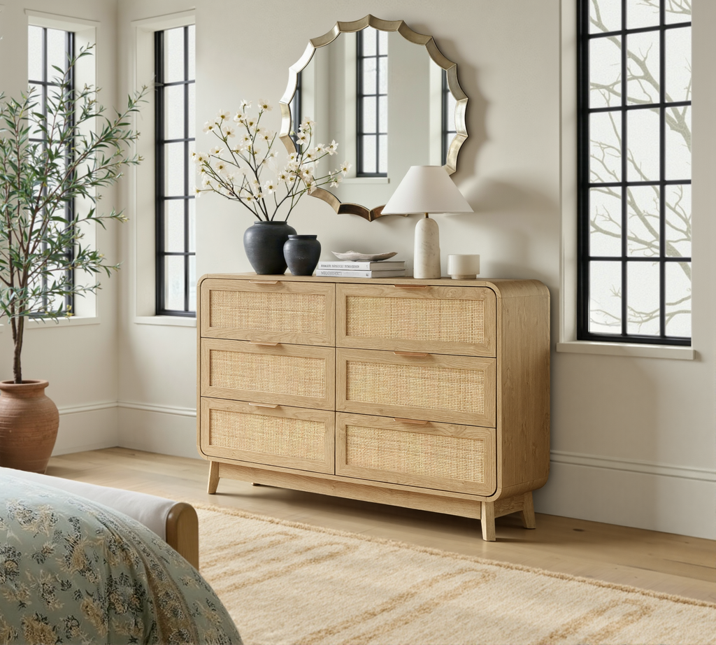 Eichen-Rattan-Kommode mit 6 Schubladen – Boho-Chic-Kommode