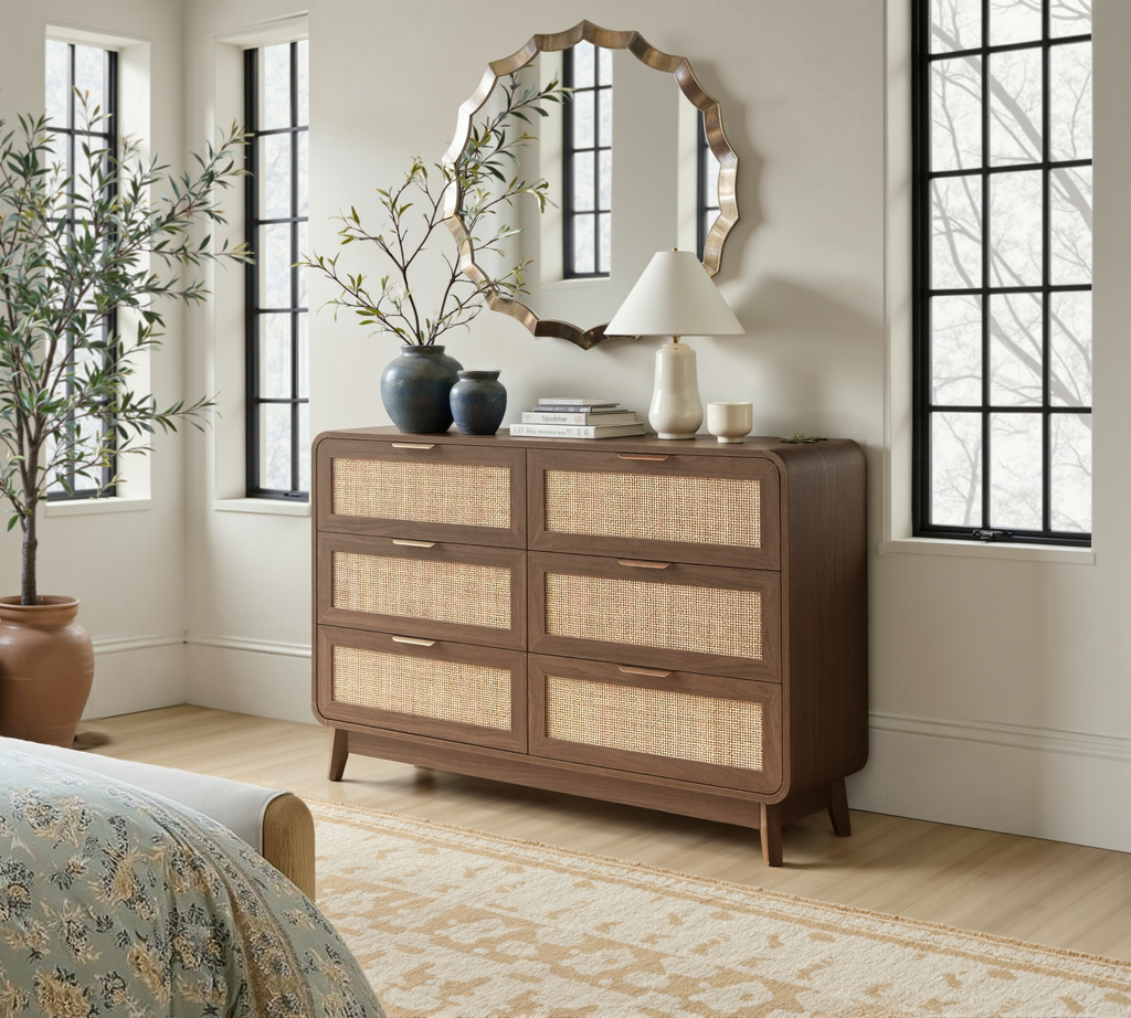Nussbaum Rattan Kommode mit 6 Schubladen – Boho Chic Kommode